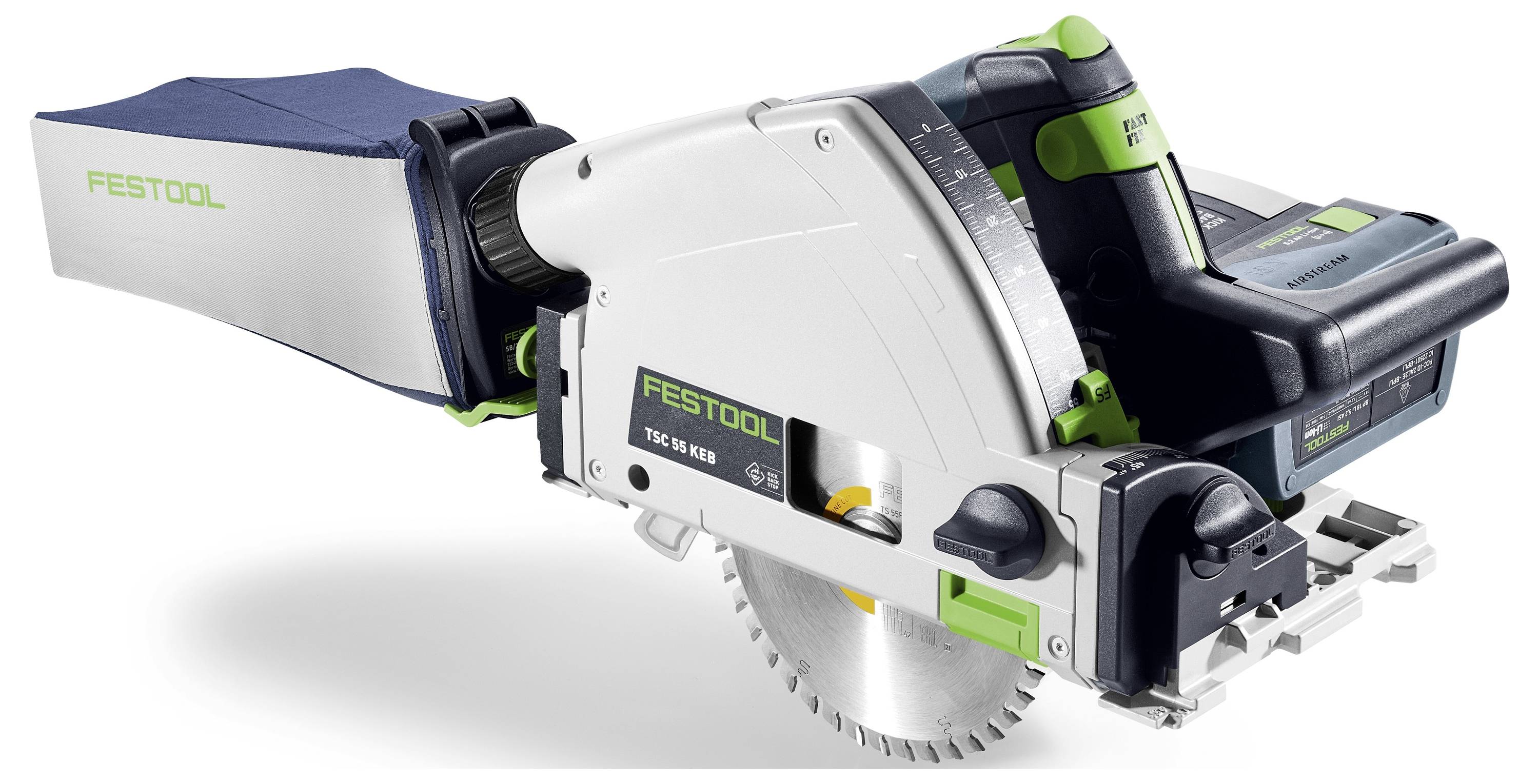 Eine Festool Tauchsäge mit Staubsack und großem Kreissägeblatt, das für präzises Schneiden ausgelegt ist. Die Maschine ist überwiegend weiß mit grünen Akzenten.