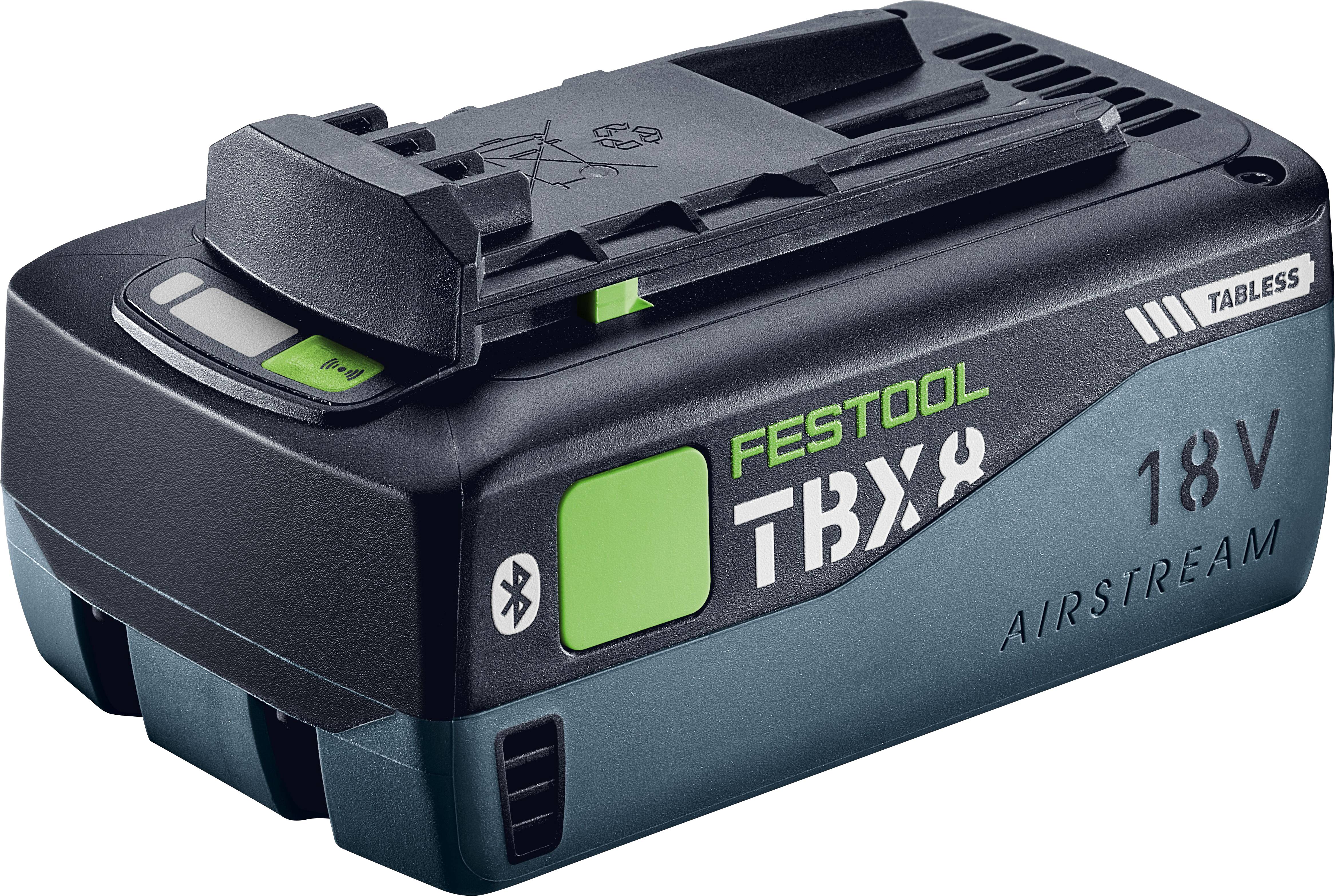 Ein schwarz und grün gefärbtes Festool TBX8 Airstream Akkupack mit den Aufschriften „18V