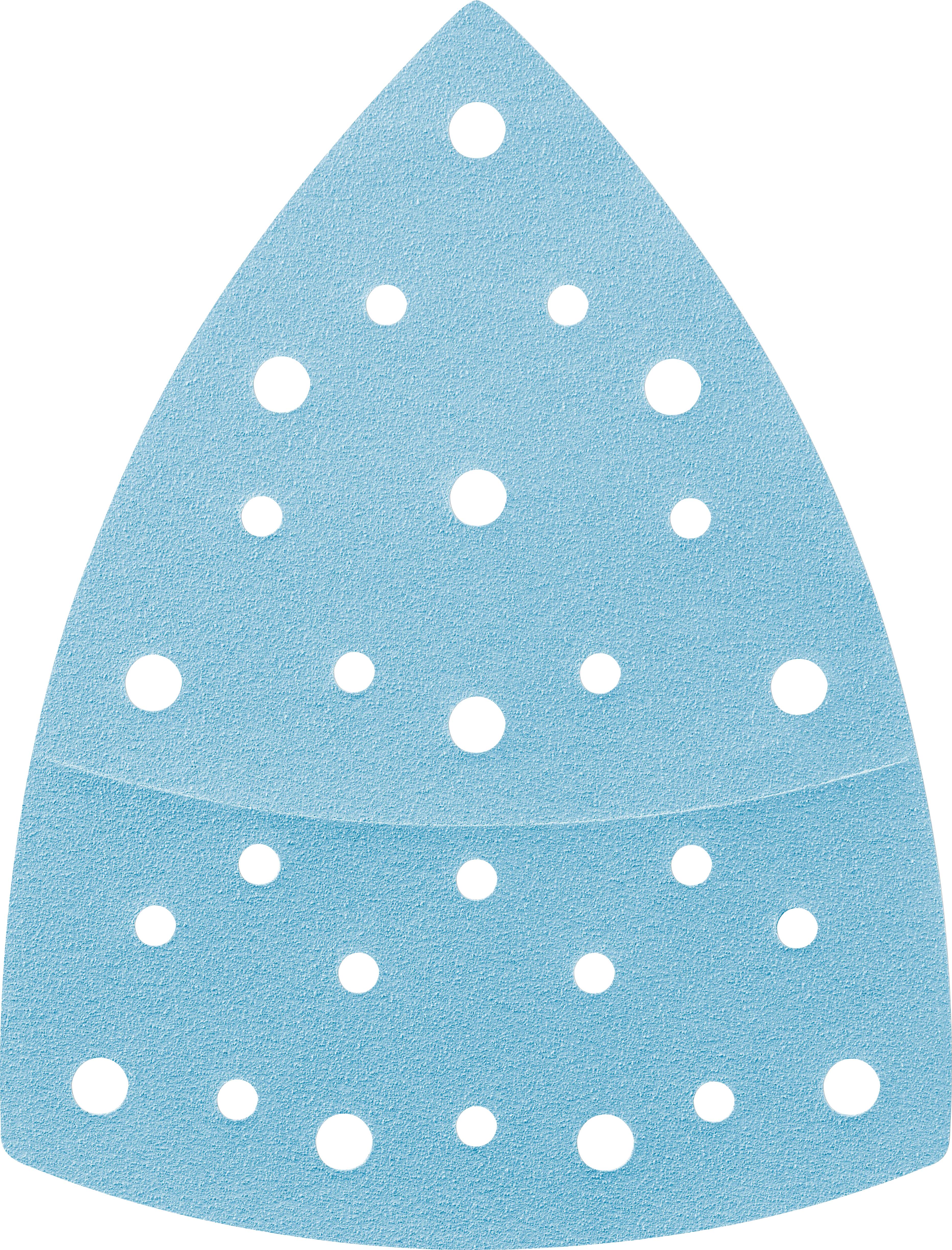 Ein dreieckiges blaues Schleifblatt mit mehreren runden Löchern, entwickelt für Detailschleifen, zur Erzeugung glatter Oberflächen auf Holz oder Metall.