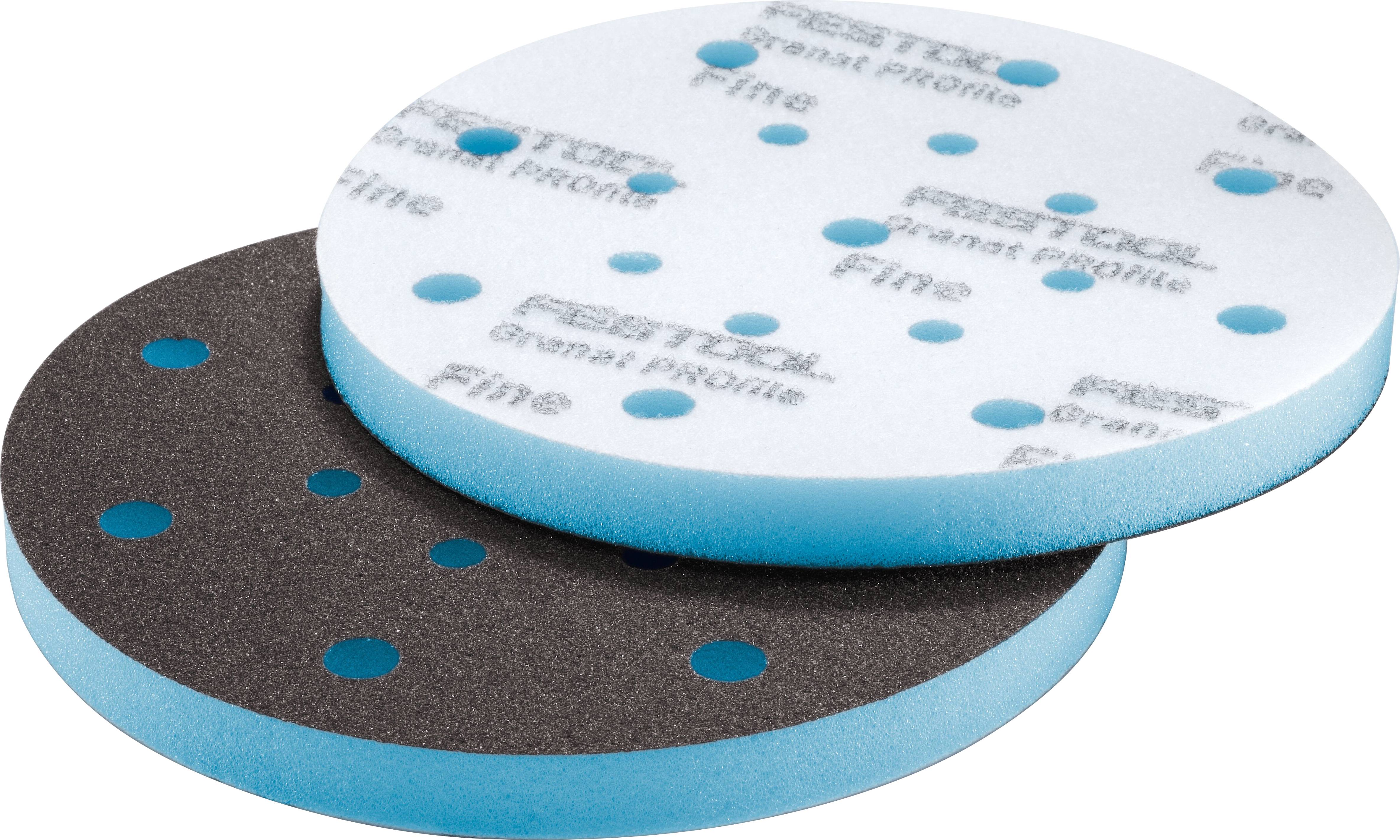 Zwei runde Schleifpads: eines weiß mit feiner Körnung mit der Bezeichnung „Festool Granat