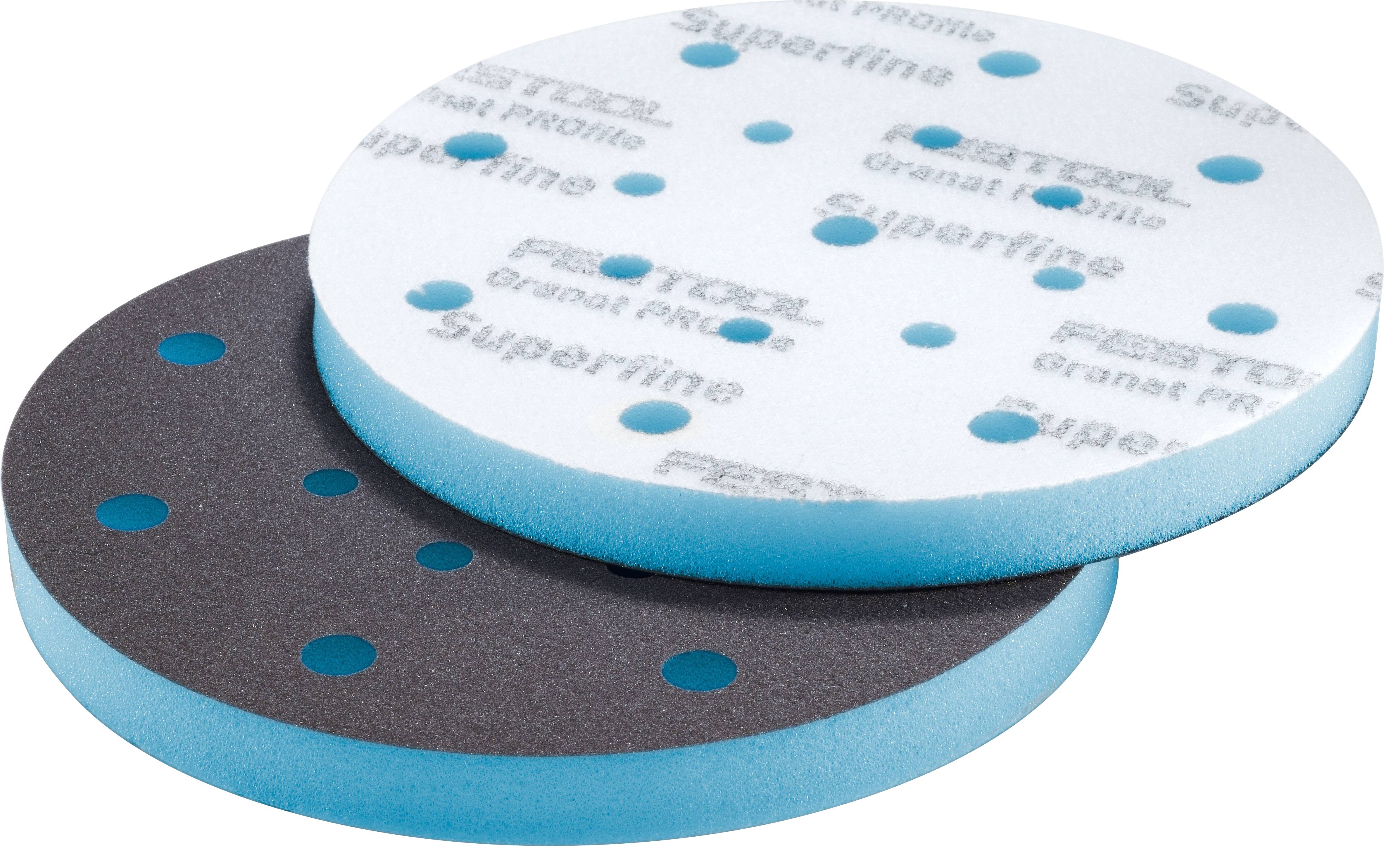 Zwei runde Schleifteller mit blauen Kanten und Löchern; einer ist weiß und mit „Festool Granat Premium Superfine