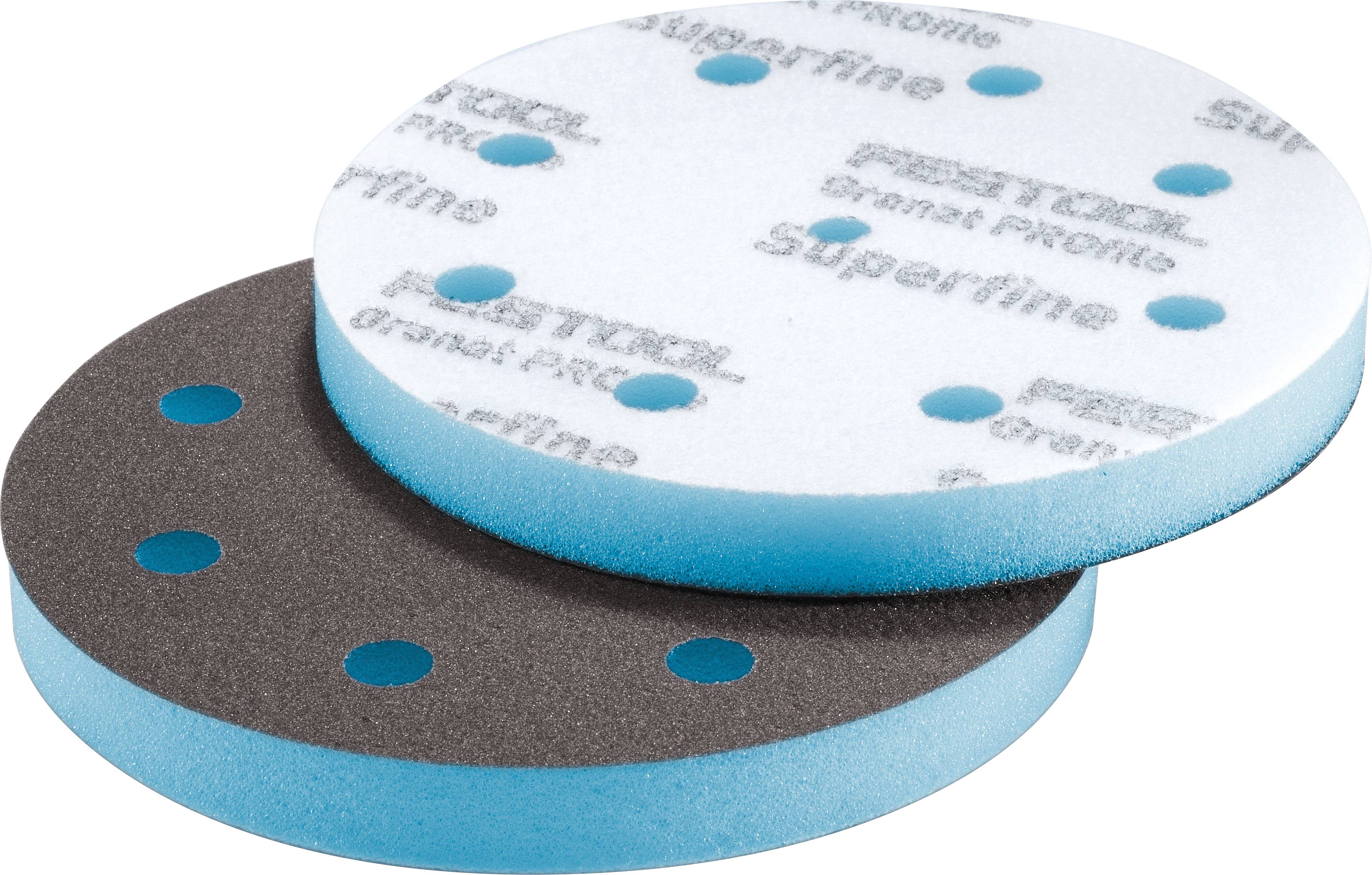 Zwei runde Schleifteller, einer schwarz und einer weiß, mit blauen Innenseiten und Perforierlöchern. Jeder Teller ist mit 