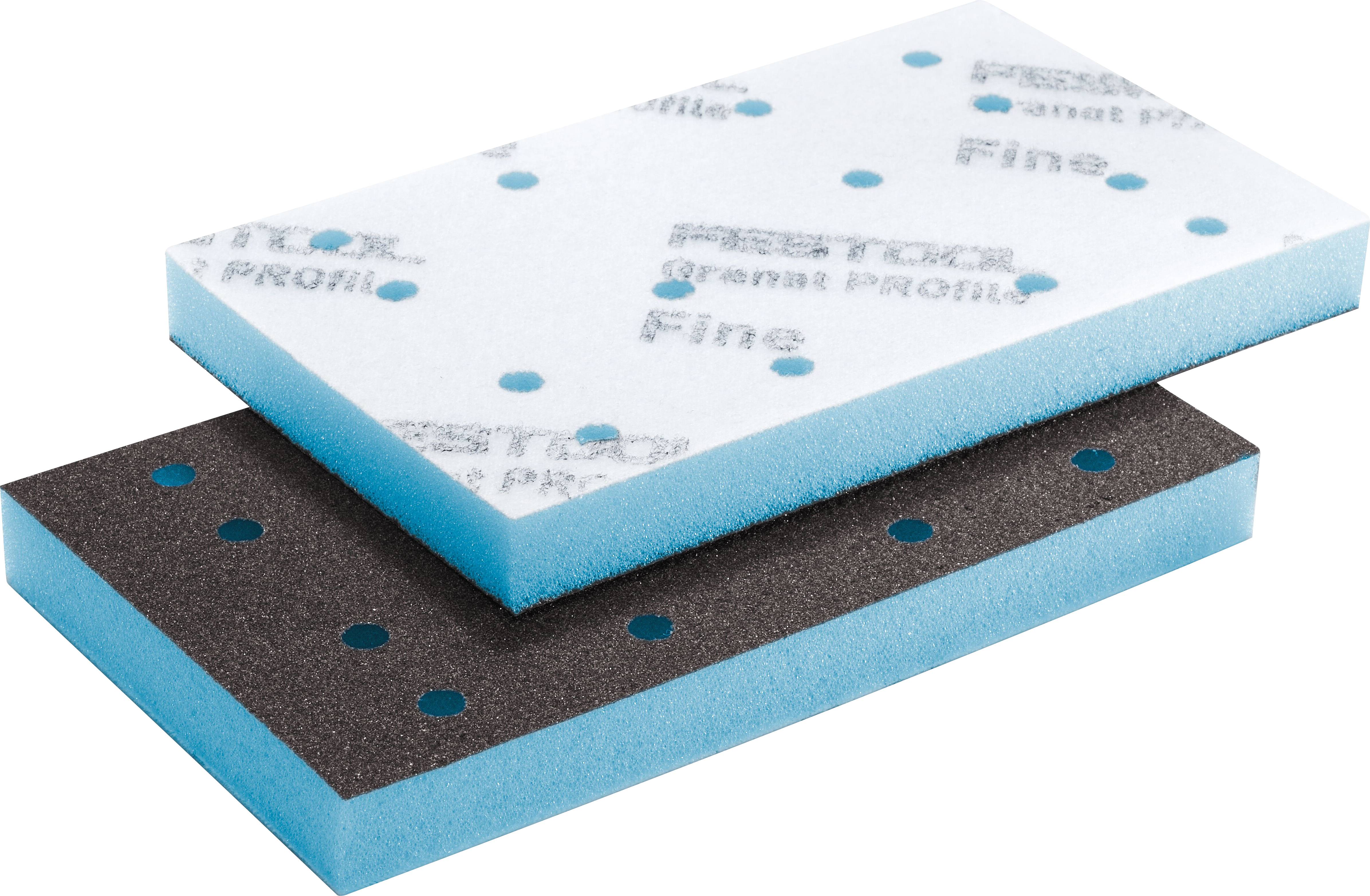 Zwei rechteckige Schwämme mit blauen Seiten und Perforationen. Einer hat eine dunkelgraue Oberfläche, beschriftet mit „fine