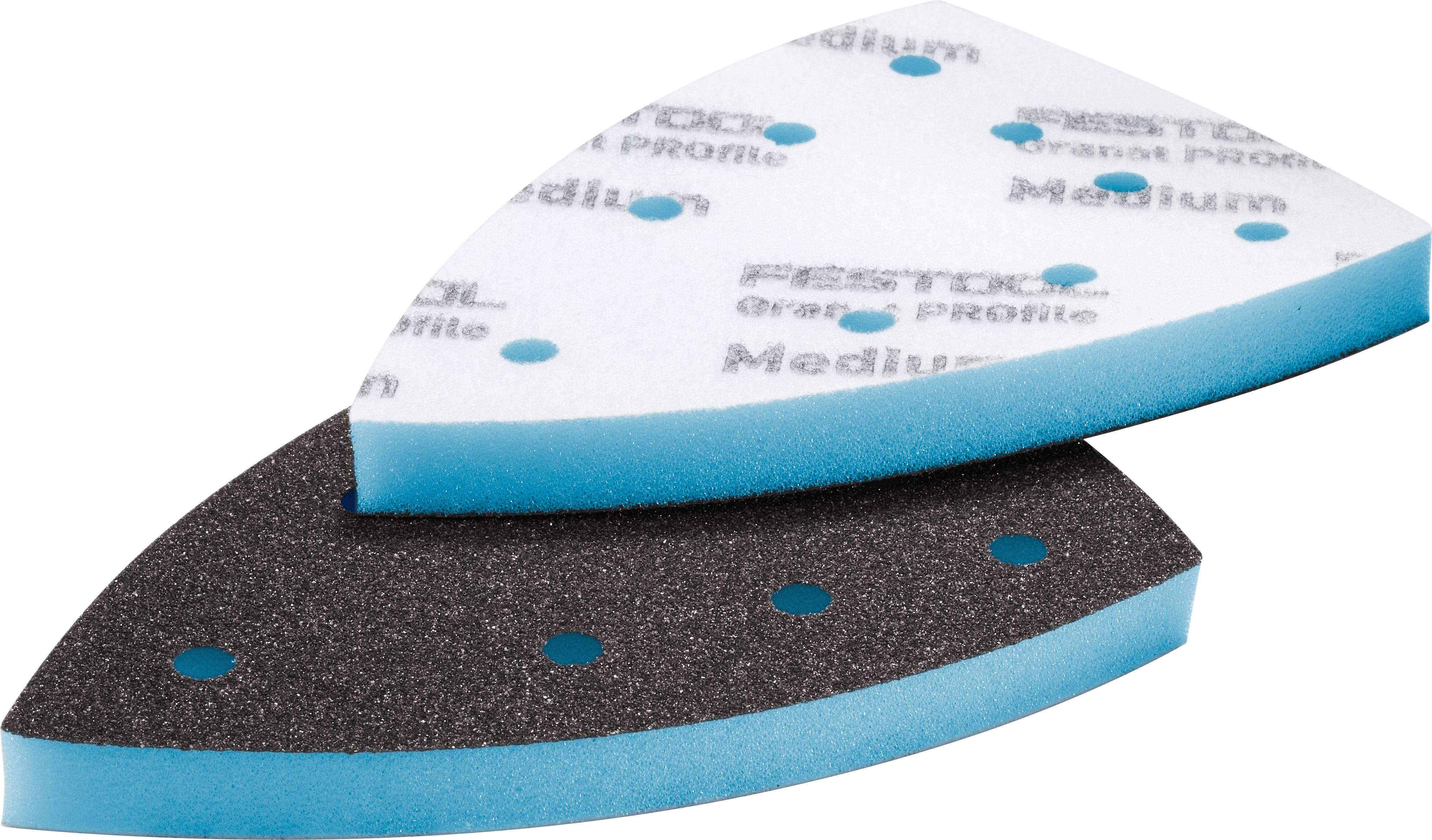 Zwei dreieckige Schleiferschwämme, einer schwarz mit blaugrünen Löchern und einer weiß mit bedrucktem Text, leicht versetzt übereinander gestapelt.