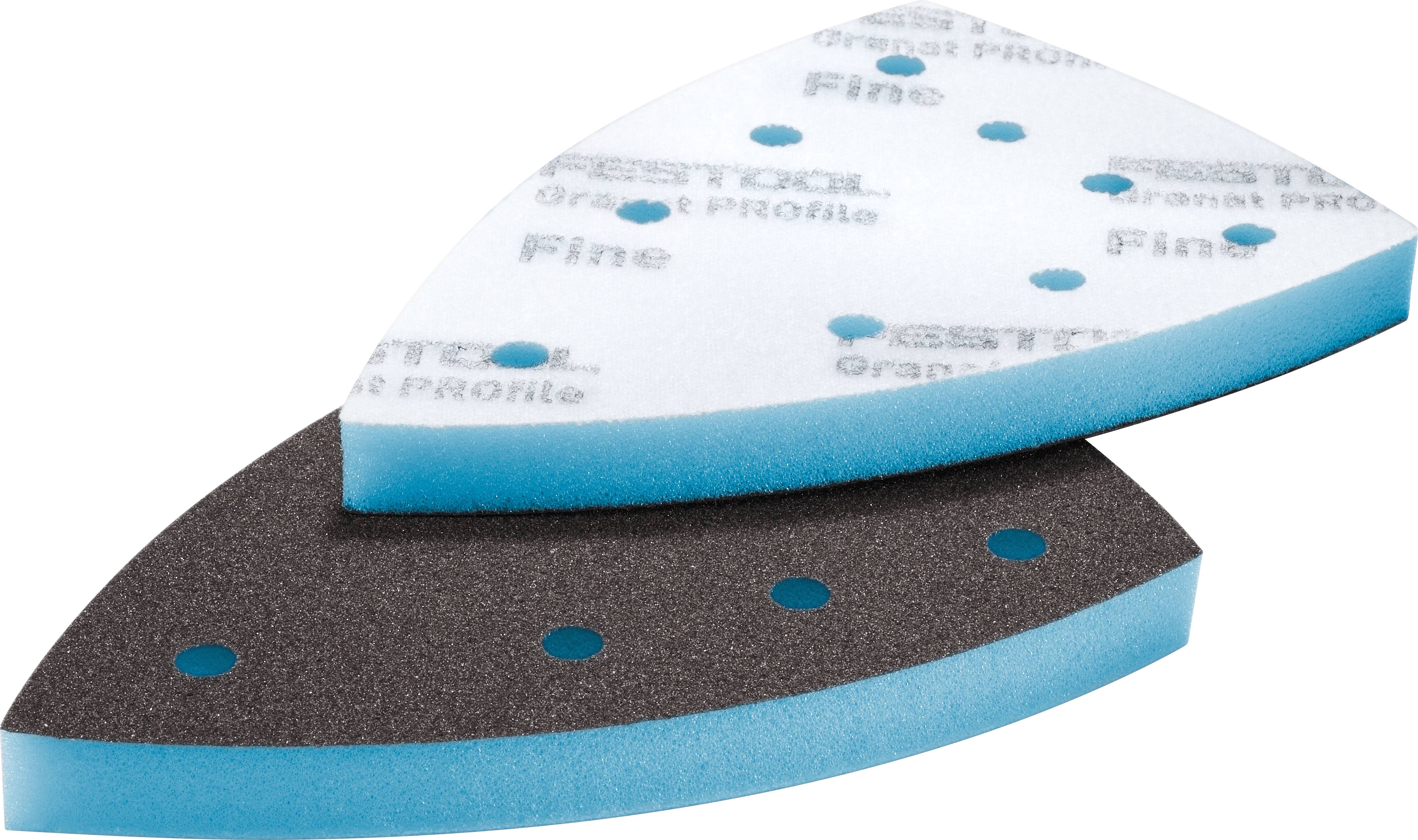 Zwei Festool-Schleifspons, einer schwarz und einer weiß, beide dreieckig mit blauen Kanten und runden Löchern, beschriftet mit „Fine