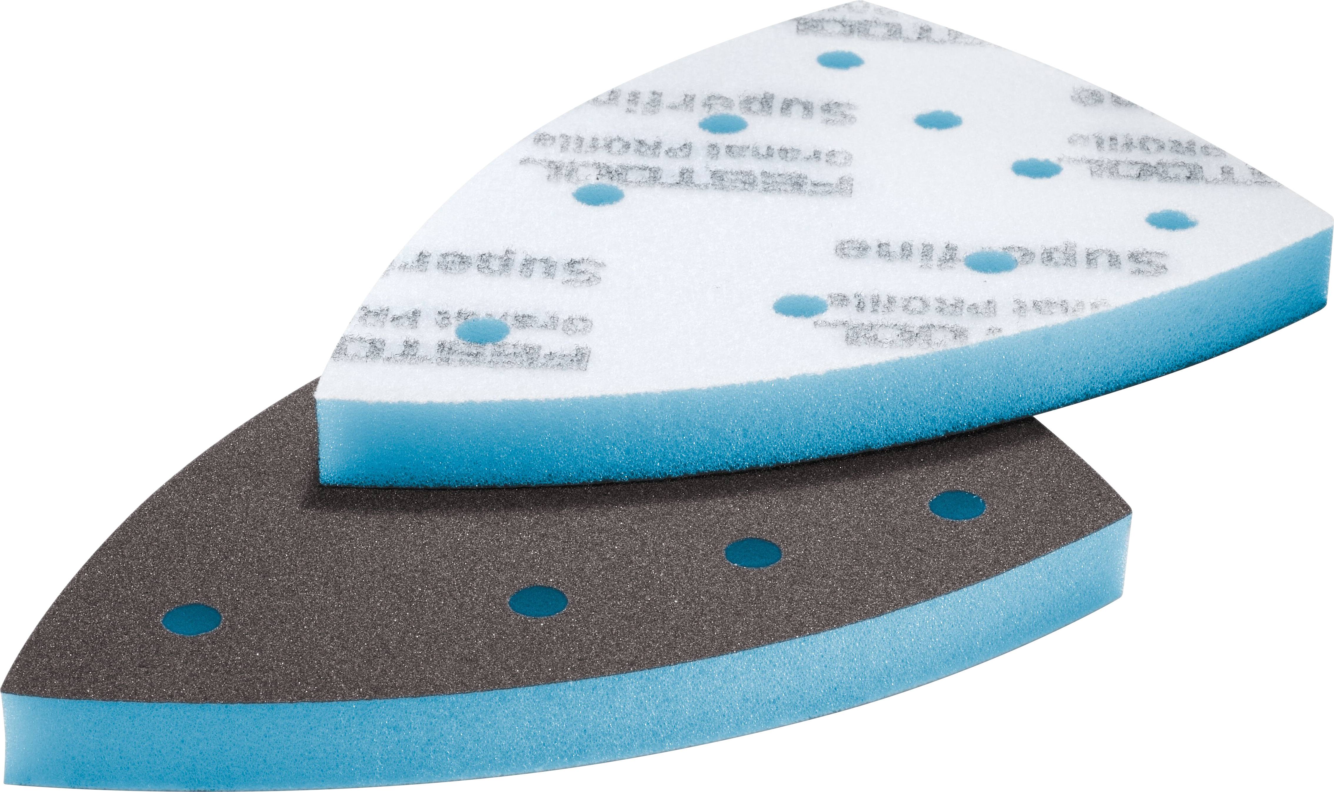 Zwei dreieckige Schleifsohlen, eine blau und schwarz mit kreisförmigen Löchern und eine weiß und blau mit bedrucktem Text, übereinander gestapelt.