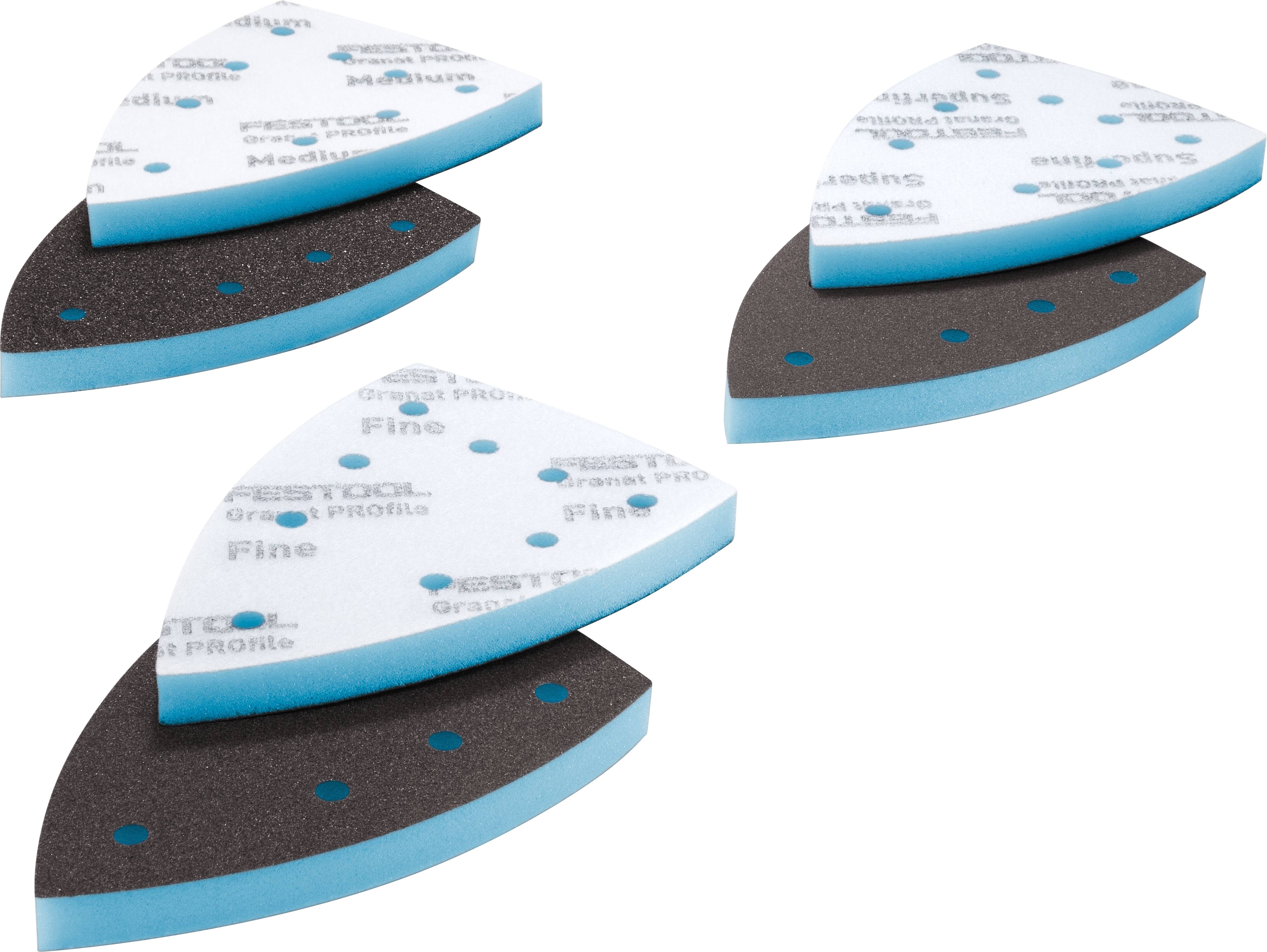 Vier Festool-Feinschleifschwämme mit dreieckiger Form und zweischichtiger Ausführung, ideal für detaillierte Schleifarbeiten.
