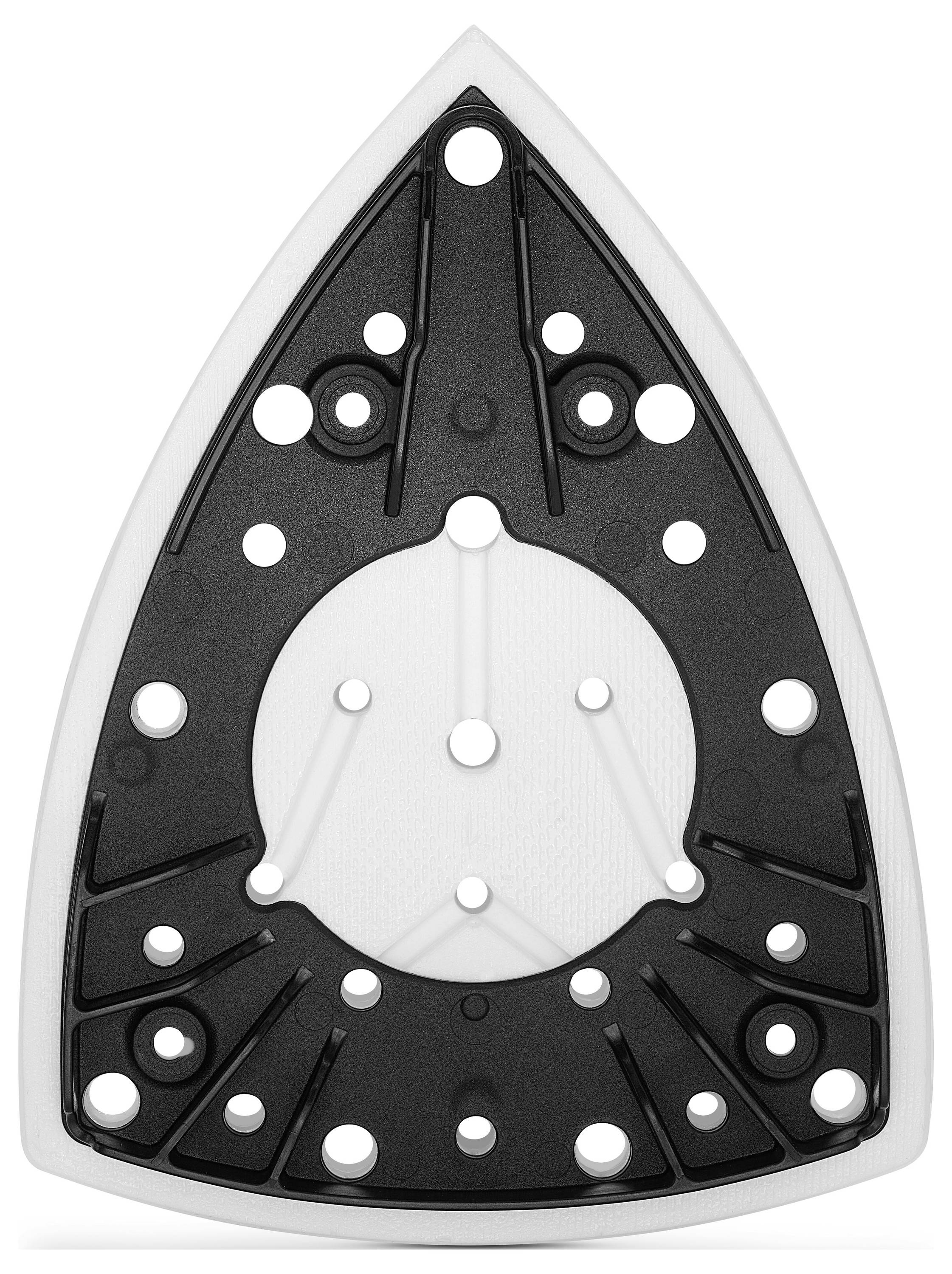 Eine Person, die ein gepunktetes Schleifpad hält, steckt es in eine Tasche von grauer und weißer Arbeitskleidung, was Bereitschaft für Holzbearbeitungsaufgaben andeutet.