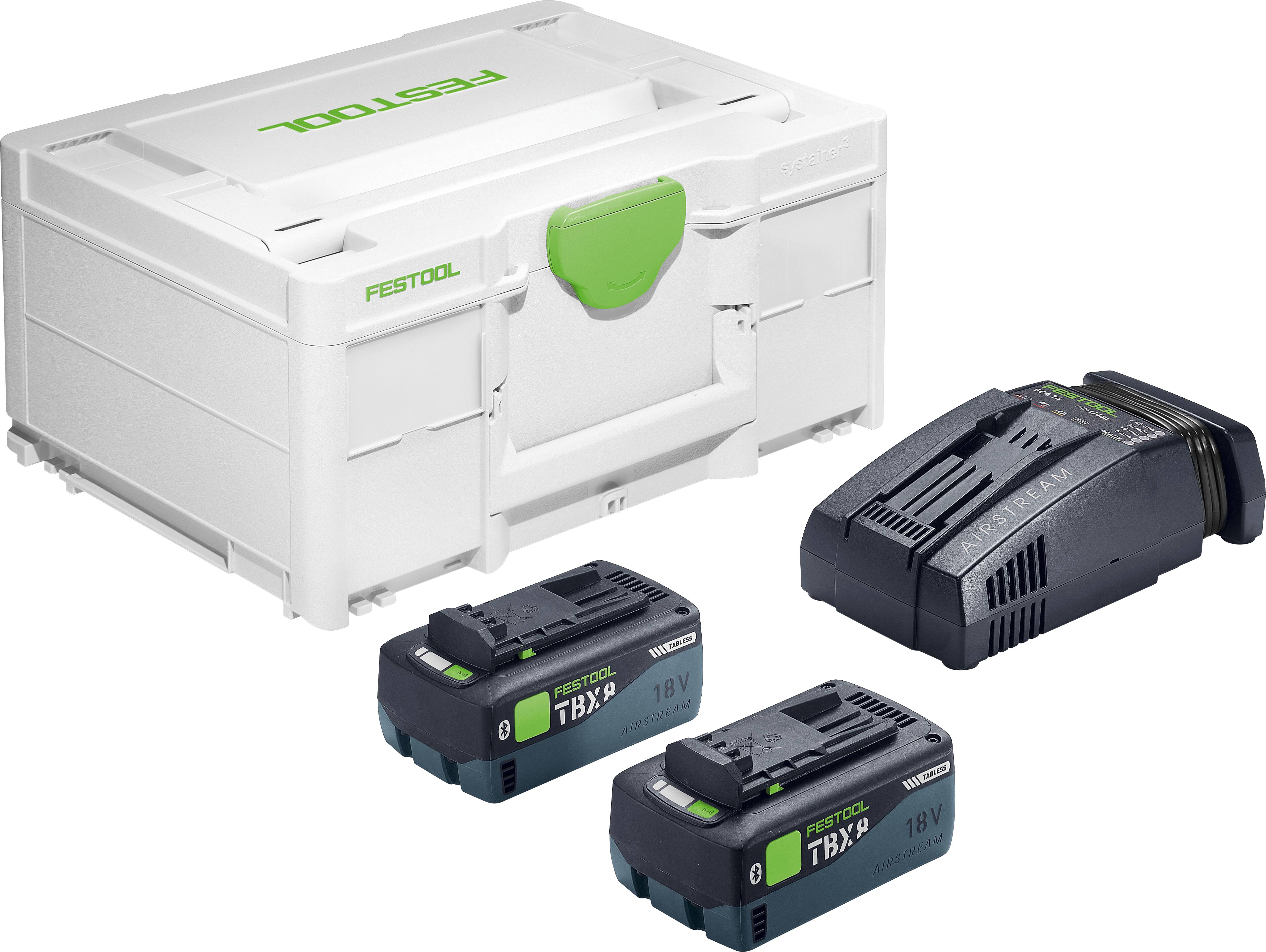 Festool-Werkzeugsatz mit weißem Lagerungskoffer, grünem Griff, zwei 18-V-Batterien und Ladestation für tragbare Elektrowerkzeuge.