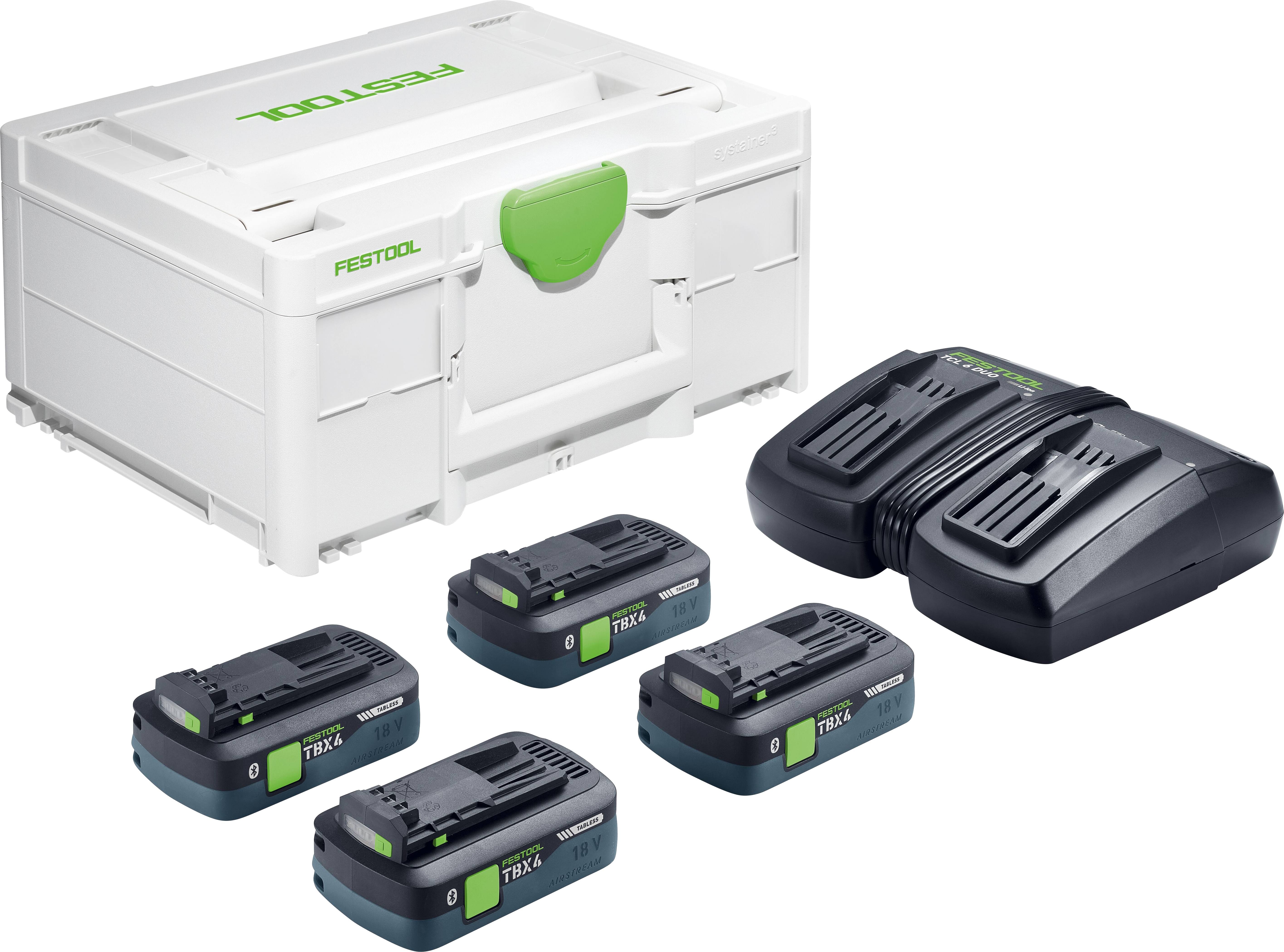 Ein Festool-Set mit einer weißen Aufbewahrungsbox, vier wiederaufladbaren Batterien und einem Doppelbatterieladegerät.