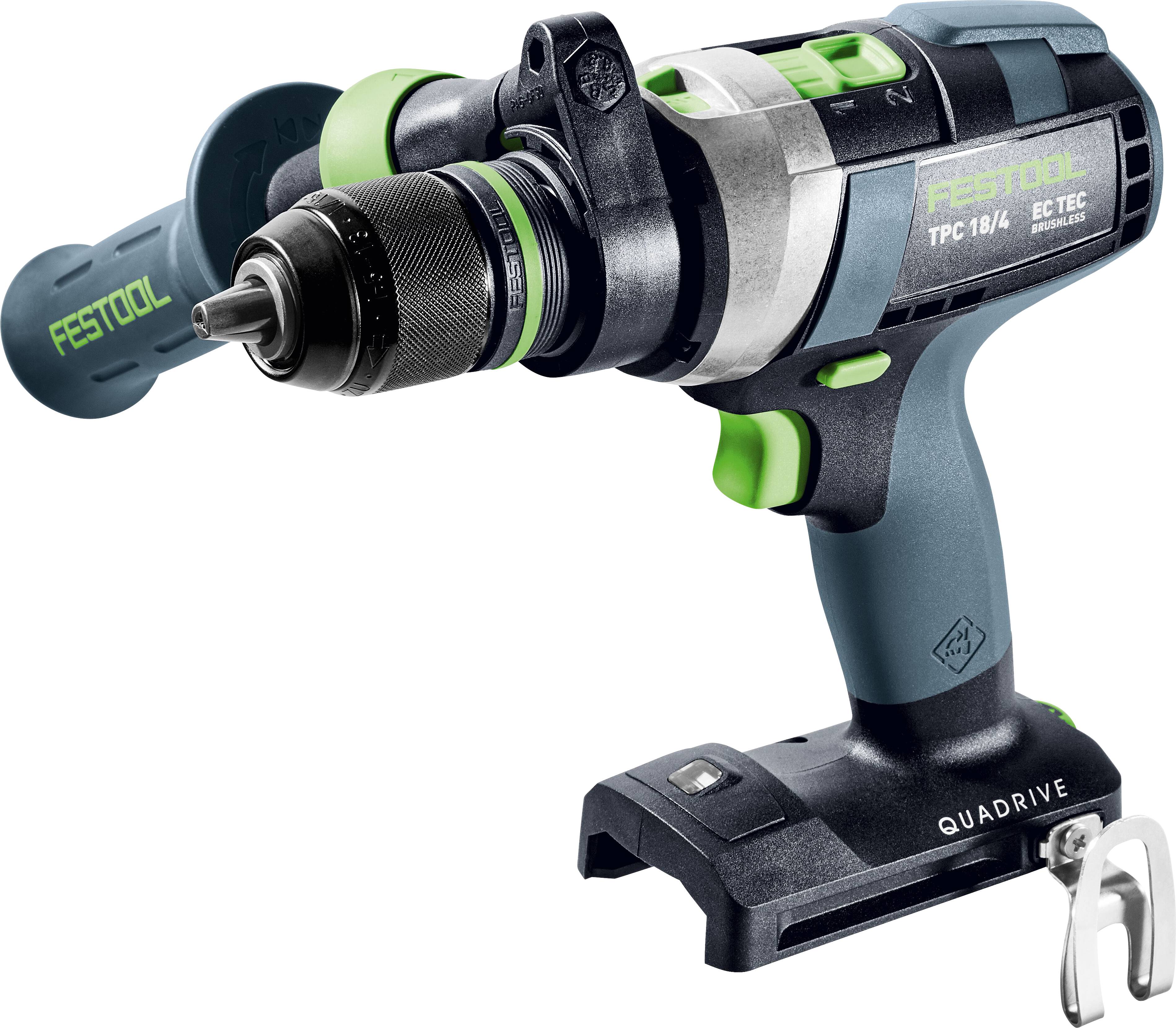 Ein Festool TPC 18/4 Akku-Bohrschrauber mit robustem Design, ergonomischem Griff und Schnellspannfutter, geeignet für vielfältige Bohraufgaben.
