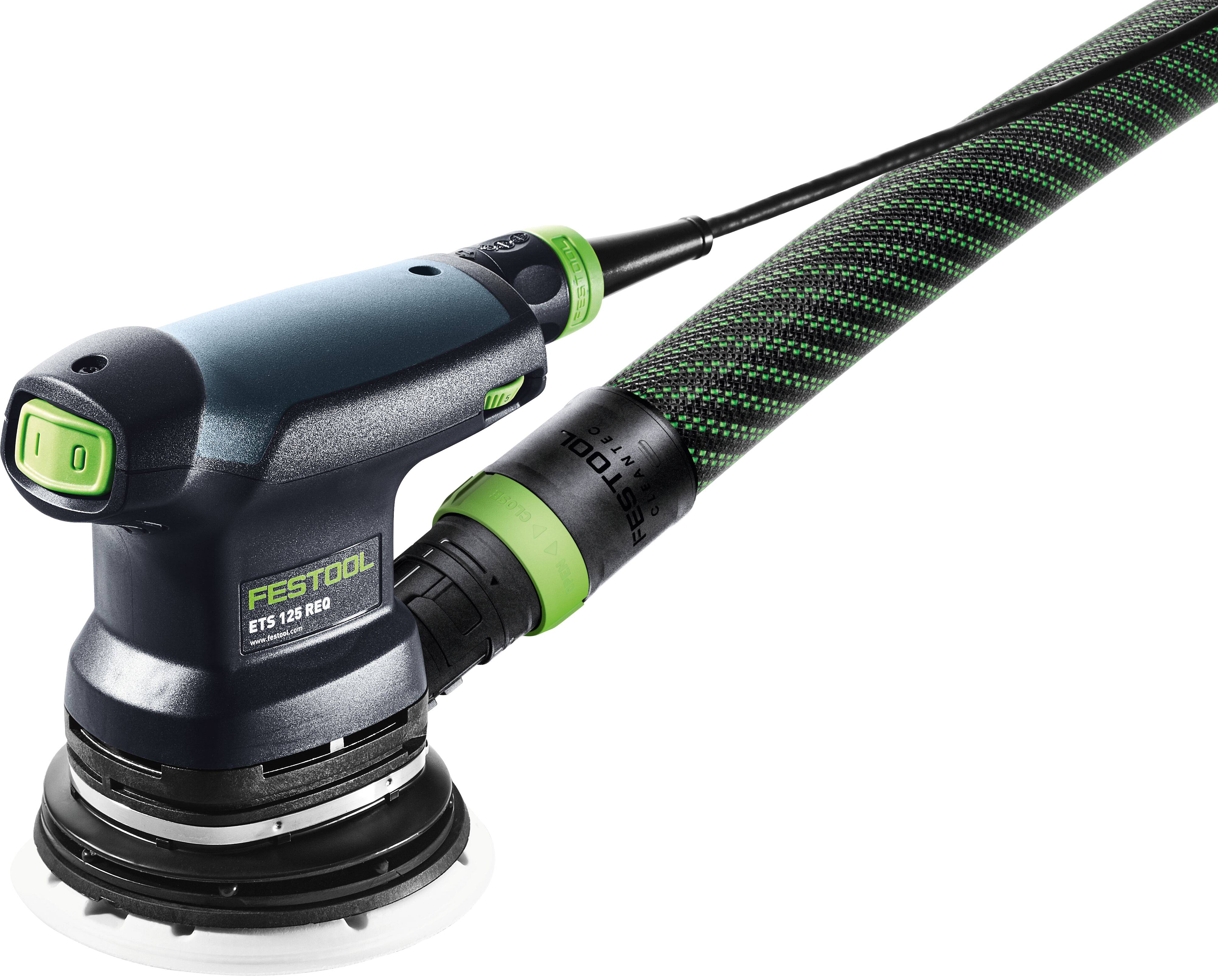 Elektroschlifer mit blauem und schwarzem Design, ausgestattet mit grünem Ein-/Ausschalter und Schlauchanschluss, gekennzeichnet als 'Festool ETS 125 REQ'.