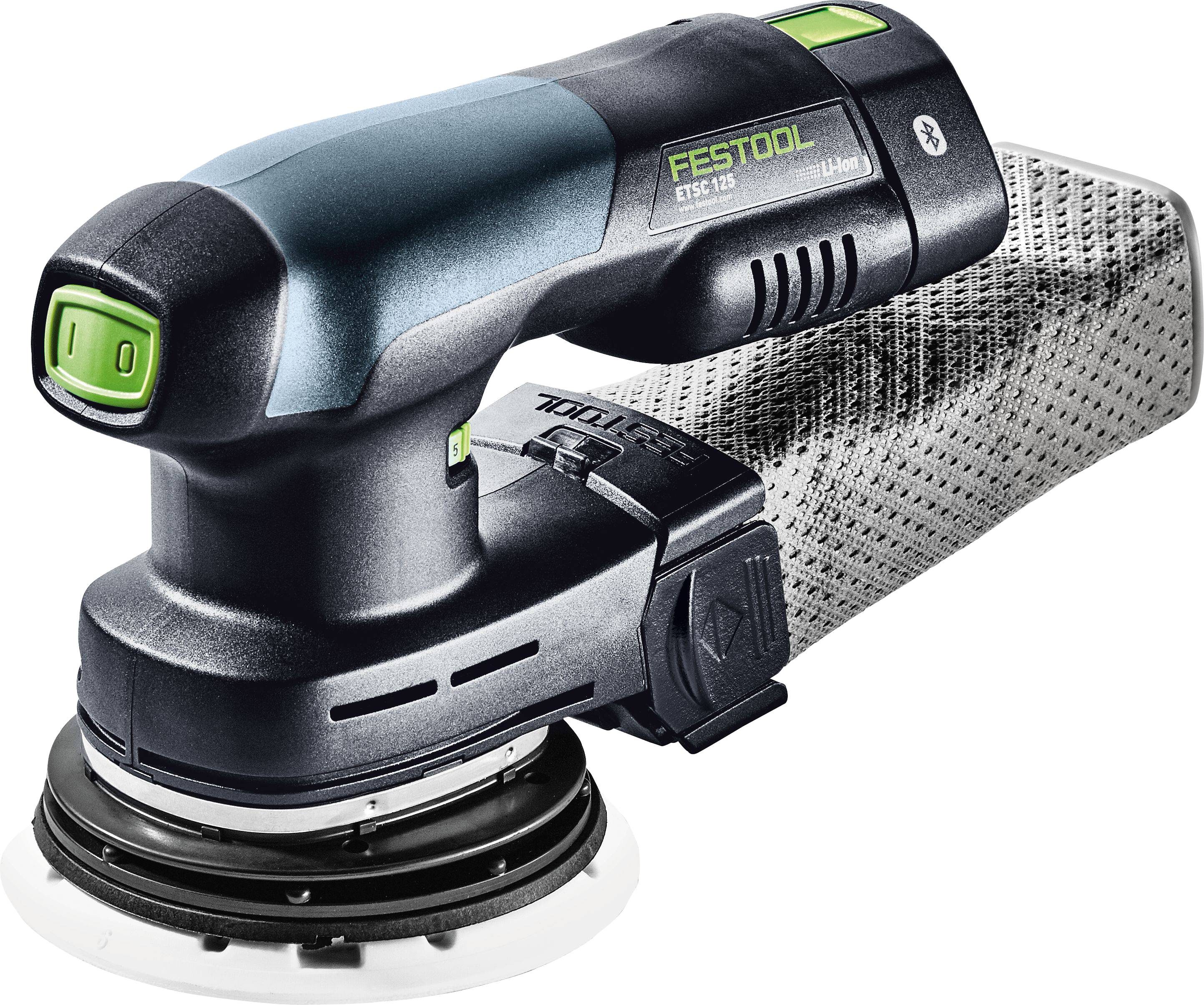 Ein blau-schwarzer tragbarer schnurloses Elektroschleiffer mit perforiertem Staubsack, mit der Marke „Festool