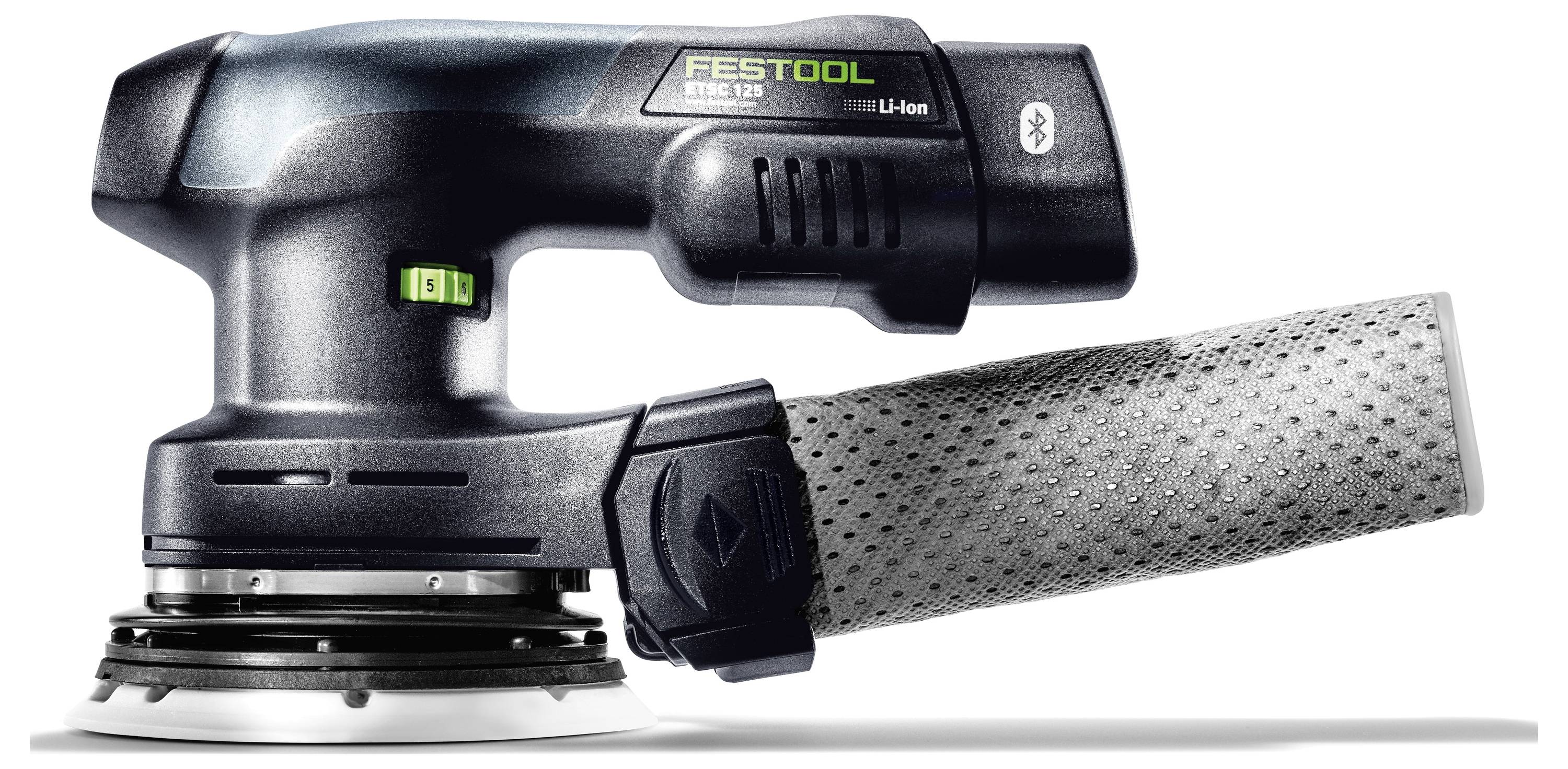 Ein tragbarer Festool ETSC 125 Akku-Schleiffer mit grauem, angebrachtem Staubsack, entwickelt für effizientes Schleifen von Oberflächen.
