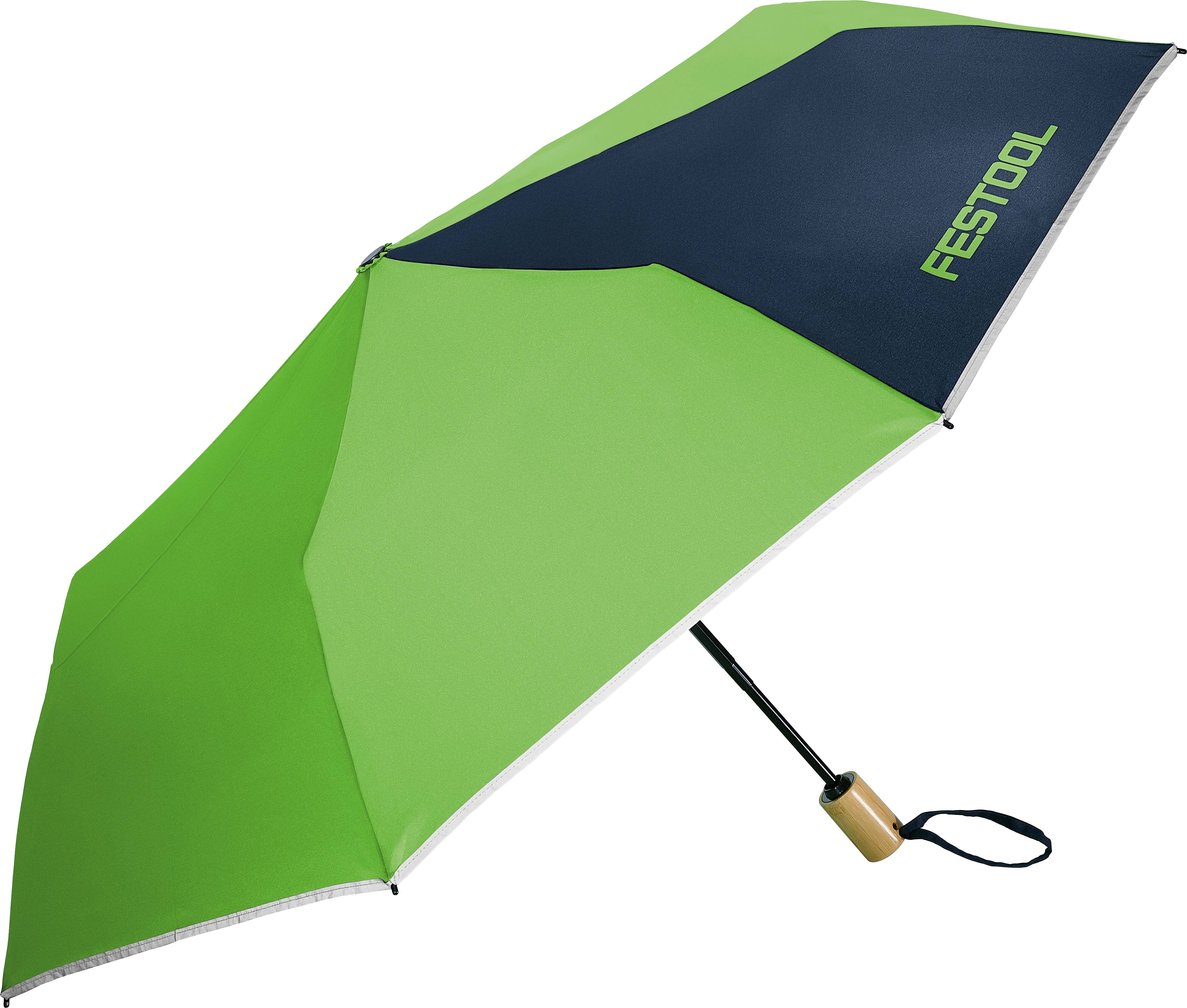Ein grün und blau gefärbter Schirm der Marke Festool mit Holzgriff und Handgelenkschlaufe.