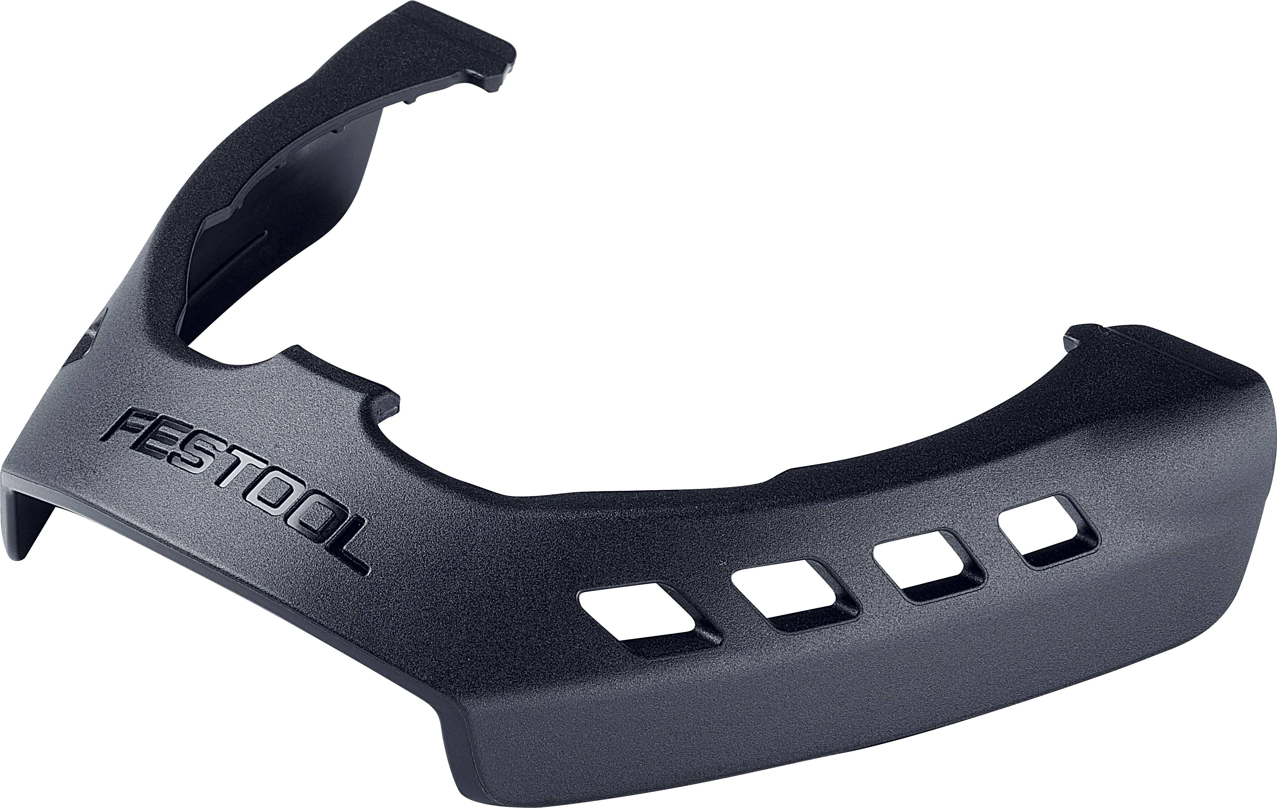 Ein schwarzes Festool-Schutzgitter mit schlankem Design, das den Markennamen und rechteckige Ausschnitte aufweist, das für Sicherheit und Schutz verwendet wird.