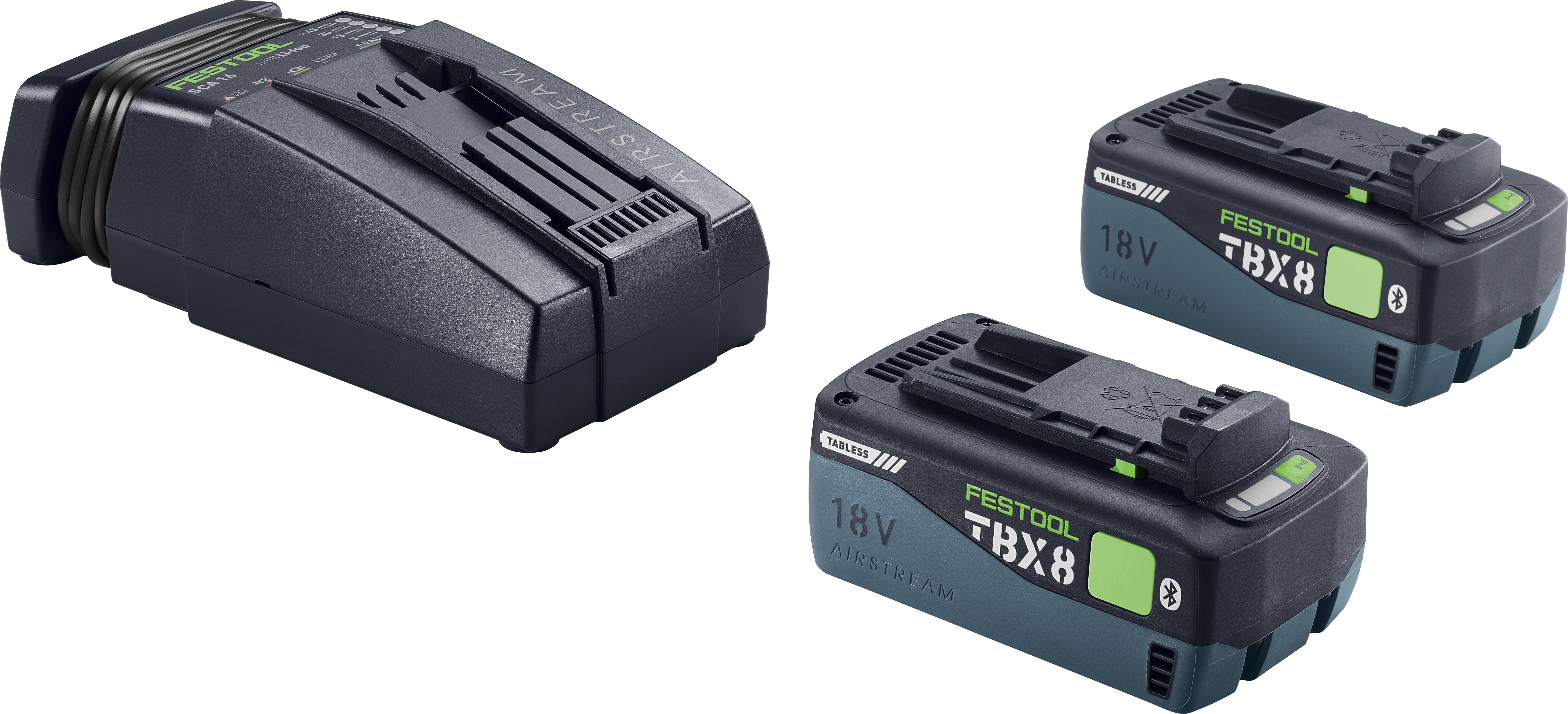 Ladegerät und zwei Festool 18V-Akkupacks mit der Bezeichnung „BP 18