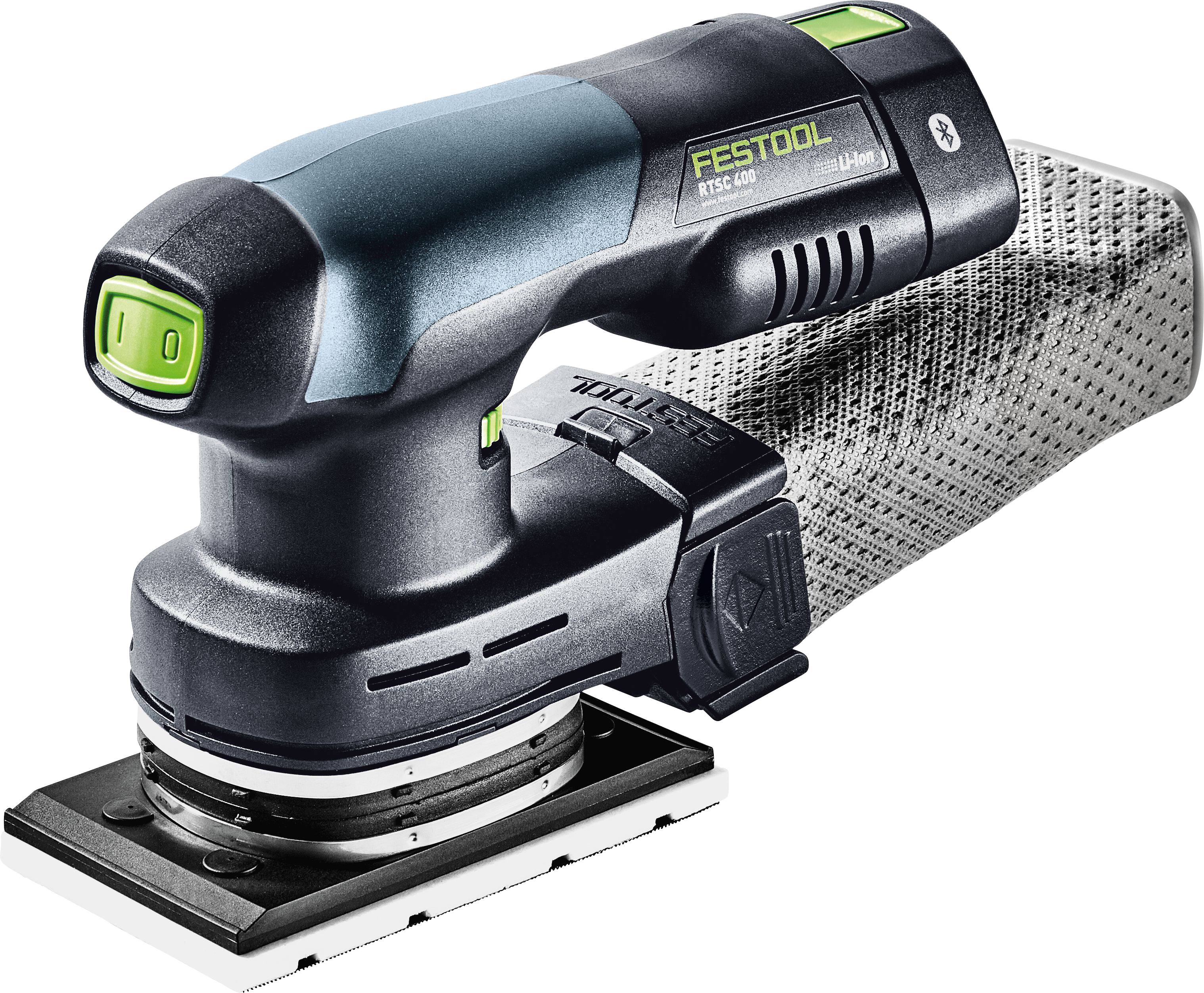 Kabelloser Festool RTS 400 Elektroschleiffer mit ergonomischem Griff und Staubsammelbeutel, geeignet für Präzisions-Schleiferarbeiten.