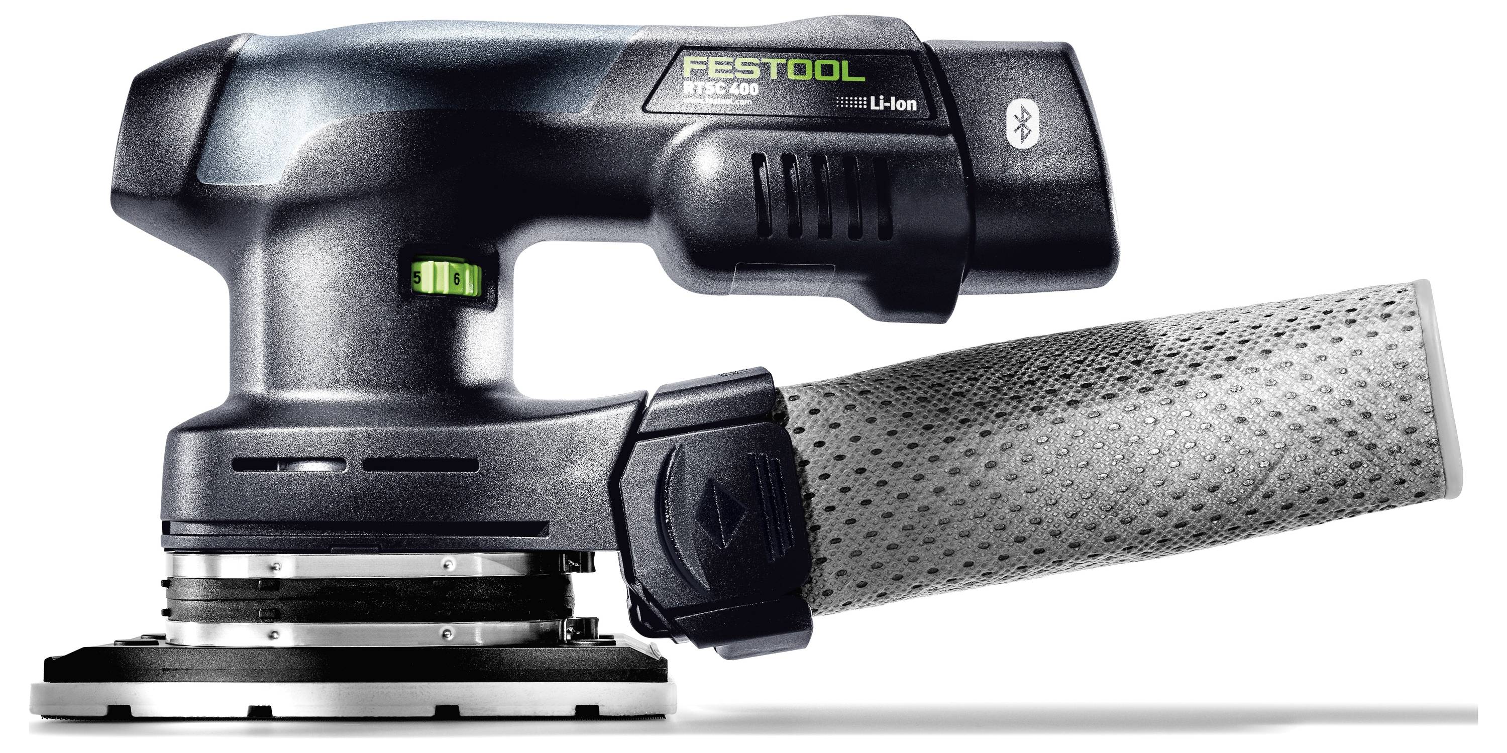 Ein kabelloser Schleiffer mit strukturiertem Griff und Staubsackanbindung, gekennzeichnet als „Festool ETSC 125 18V Li-Ion