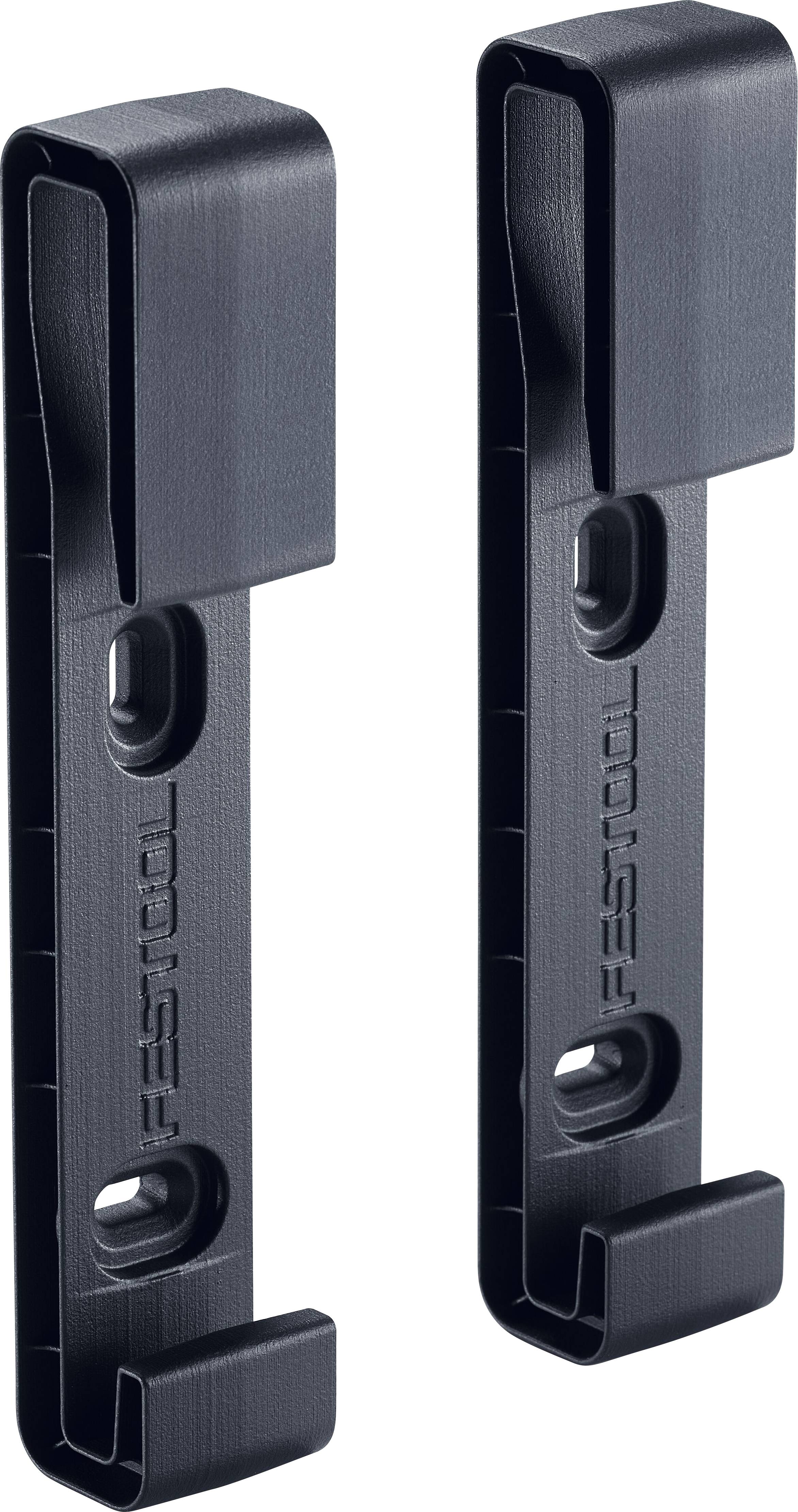 Festool Kunststoffclips in Schwarz mit je zwei Befestigungslöchern, entwickelt zum Anbringen von Zubehör.