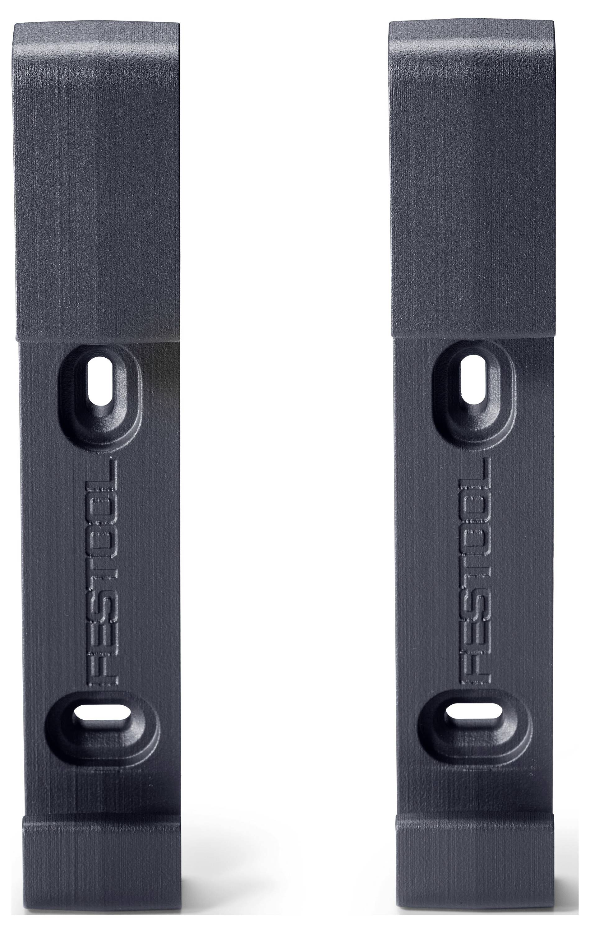 Zwei vertikale, dunkelgraue Halterungen mit Schraubenlöchern. Jede Halterung hat die Marke „Festool