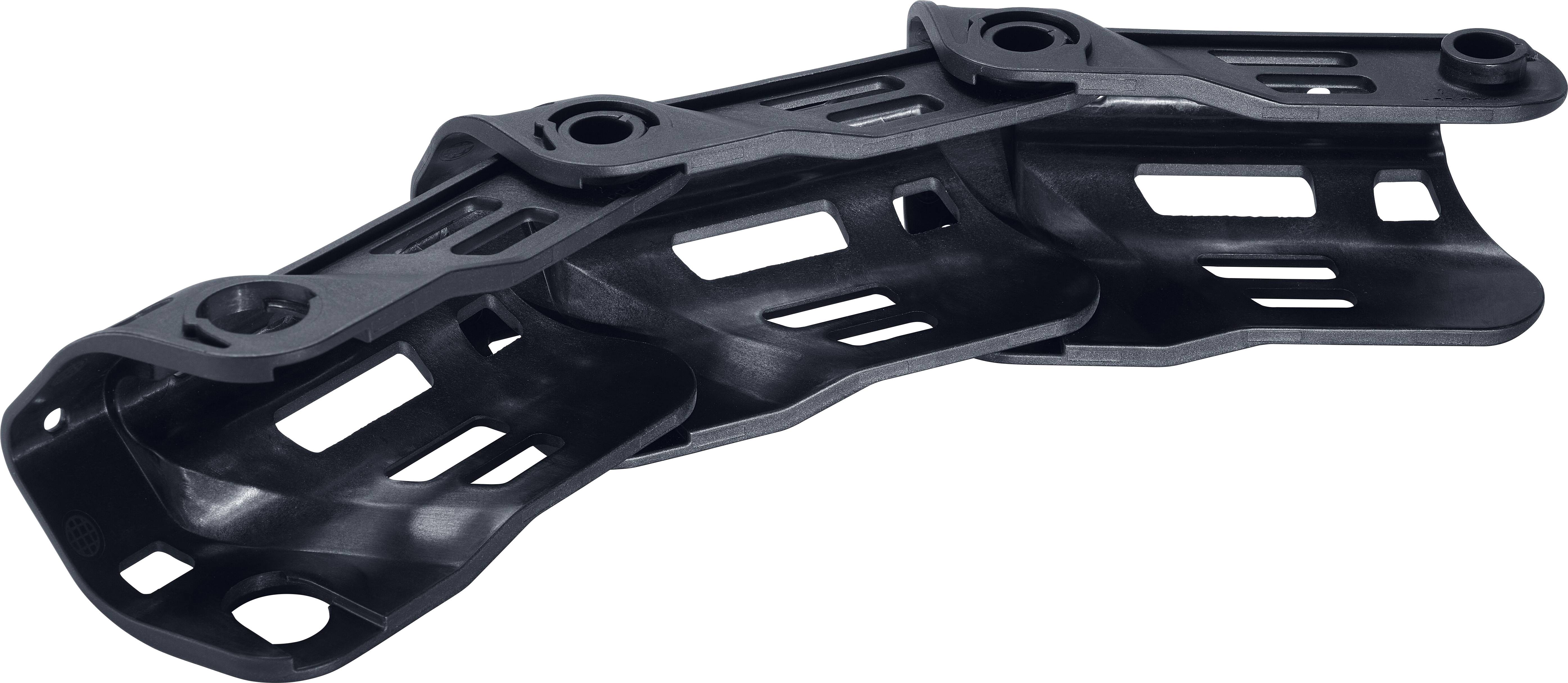 Eine schwarze Kunststofffahrzeugsstoßstangenhälterung mit mehreren Ausschnitten und Befestigungspunkten, die dazu ausgelegt ist, die Stoßstange am Auto zu stützen und auszurichten.