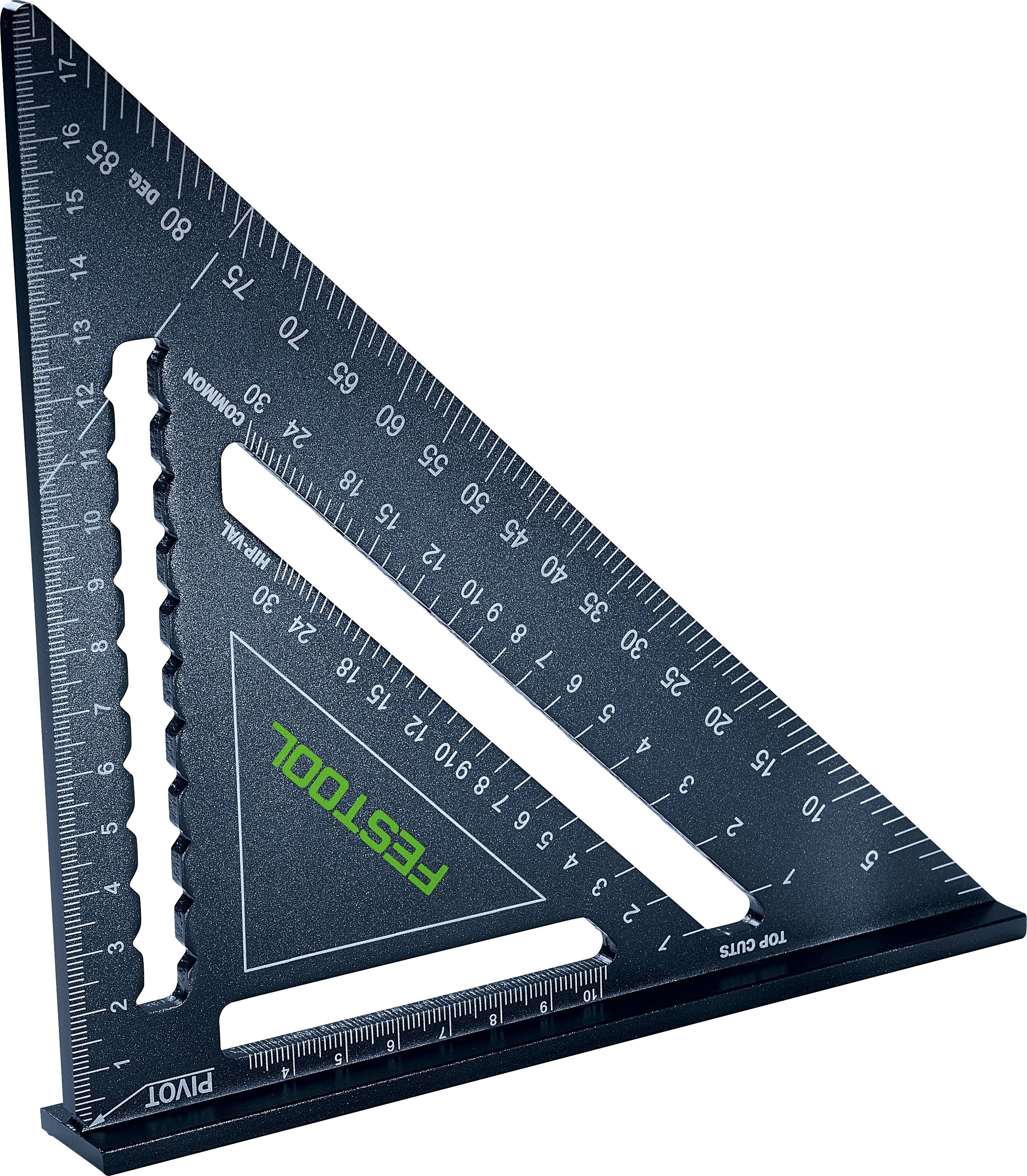 Dreieckiges Festool-Winkellineal mit Gradmessungen markiert und dem Wort „Pivot