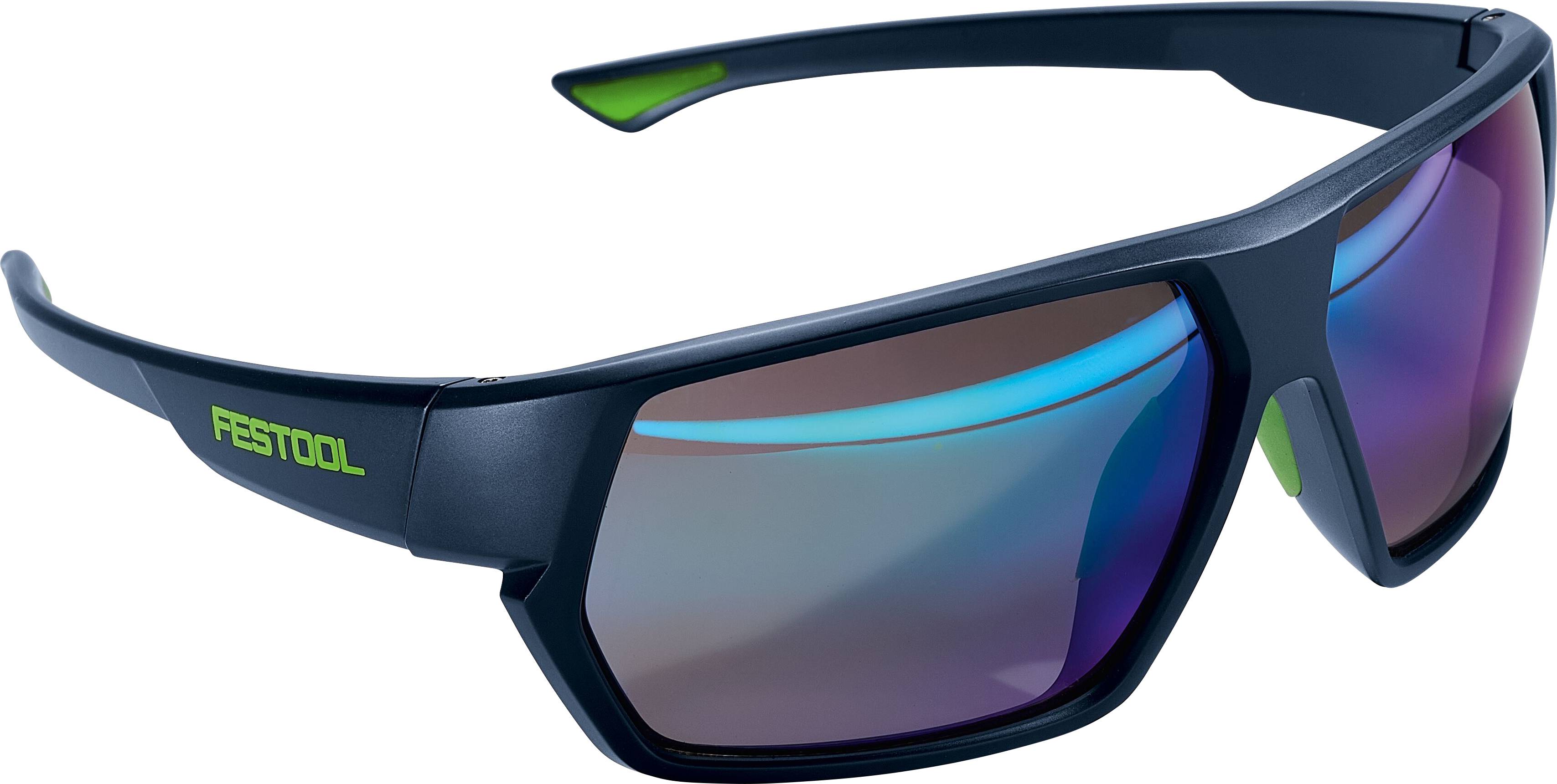 Schutzbrille mit dunklem Rahmen und blaugetönten Gläsern. Der linke Bügel trägt das grüne „FESTOOL