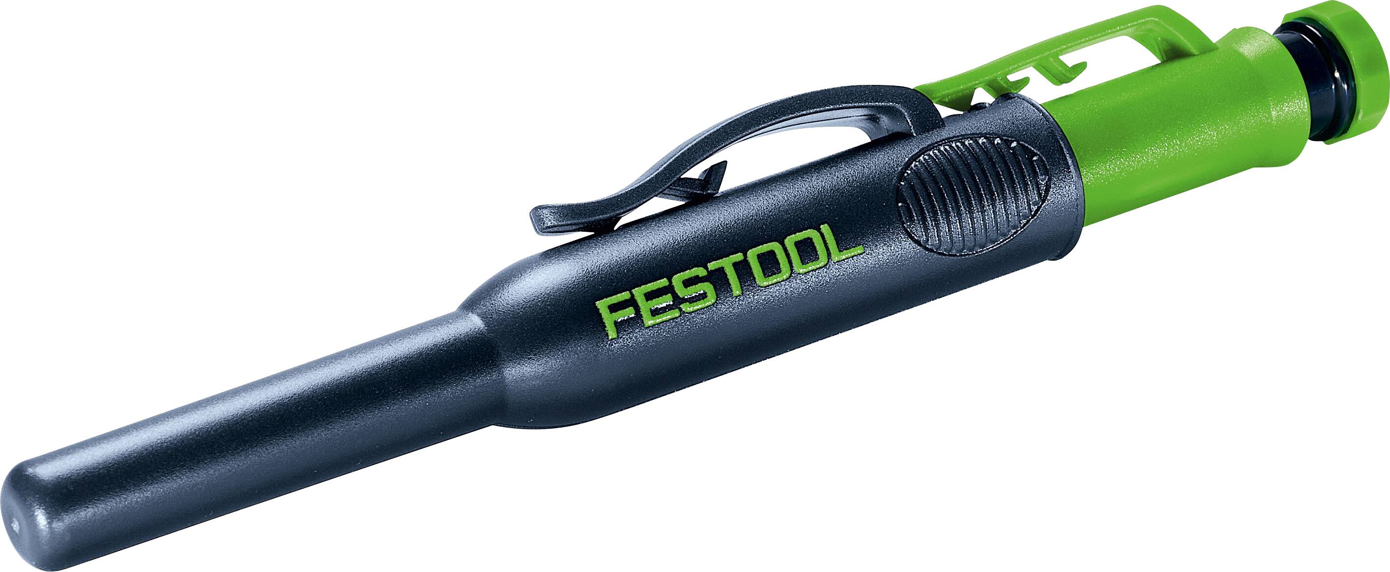 Ein stiftartiges Festool-Werkzeug mit schwarzem Körper und grünen Akzenten, das einen Clip zur Befestigung und ein prominentes 