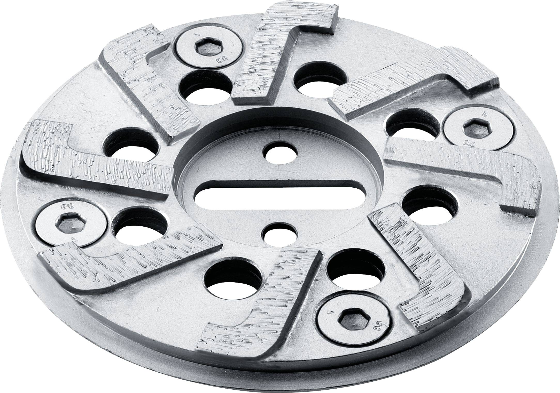 Eine kreisförmige Metallschleifscheibe mit Nuten und mehreren gleichmäßig verteilten Löchern und Bolzen, konstruiert für den Einsatz im Bauwesen oder in der Fertigung.