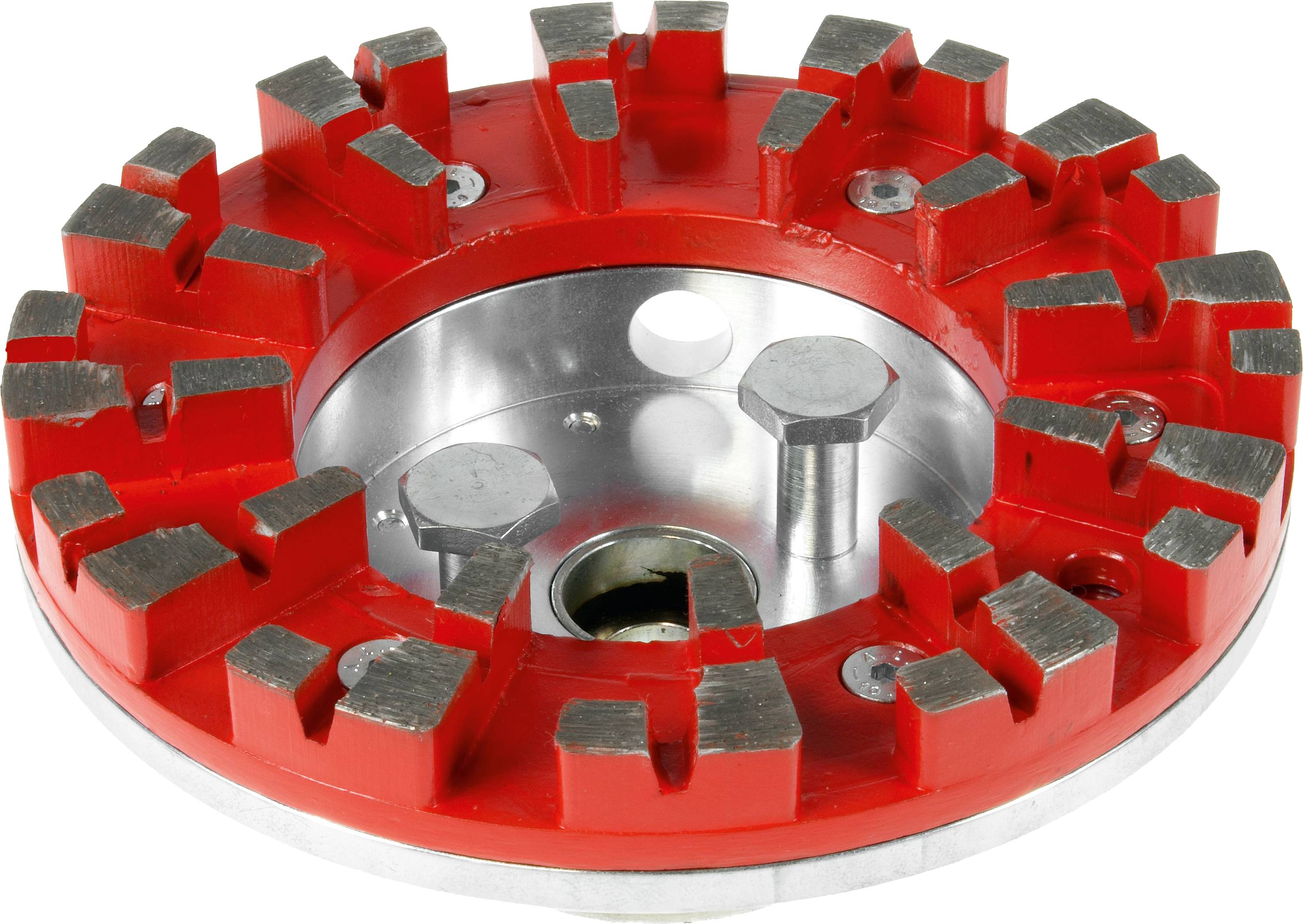 Eine rote kreisförmige Schleifscheibe mit Metallsegmenten wird gezeigt. Sie ist für die Verwendung mit Elektrowerkzeugen zum Schleifen von Betonflächen ausgelegt.