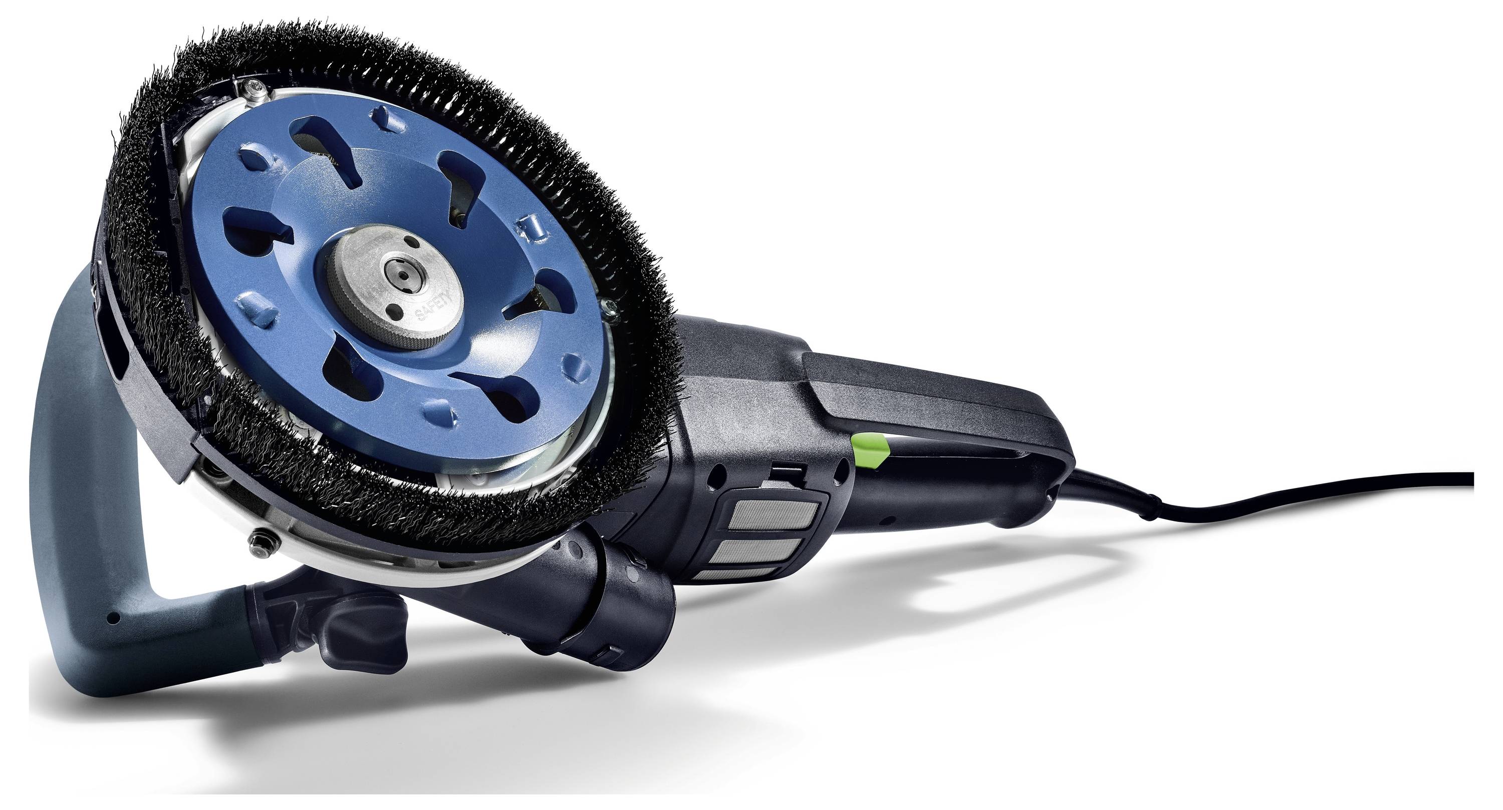 Ein elektrischer Bodenschleifer mit einem blauen kreisförmigen Schleifteller und einem schwarzen Griff. Er ist für Oberflächenvorbereitung und Polierarbeiten konzipiert.