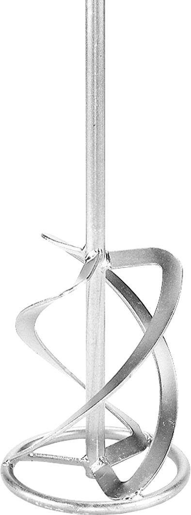 Ein Metallfarbrührer mit einem gedrehten, spiralförmigen Design, der zum Mischen von Farbe oder anderen zähflüssigen Materialien verwendet wird.