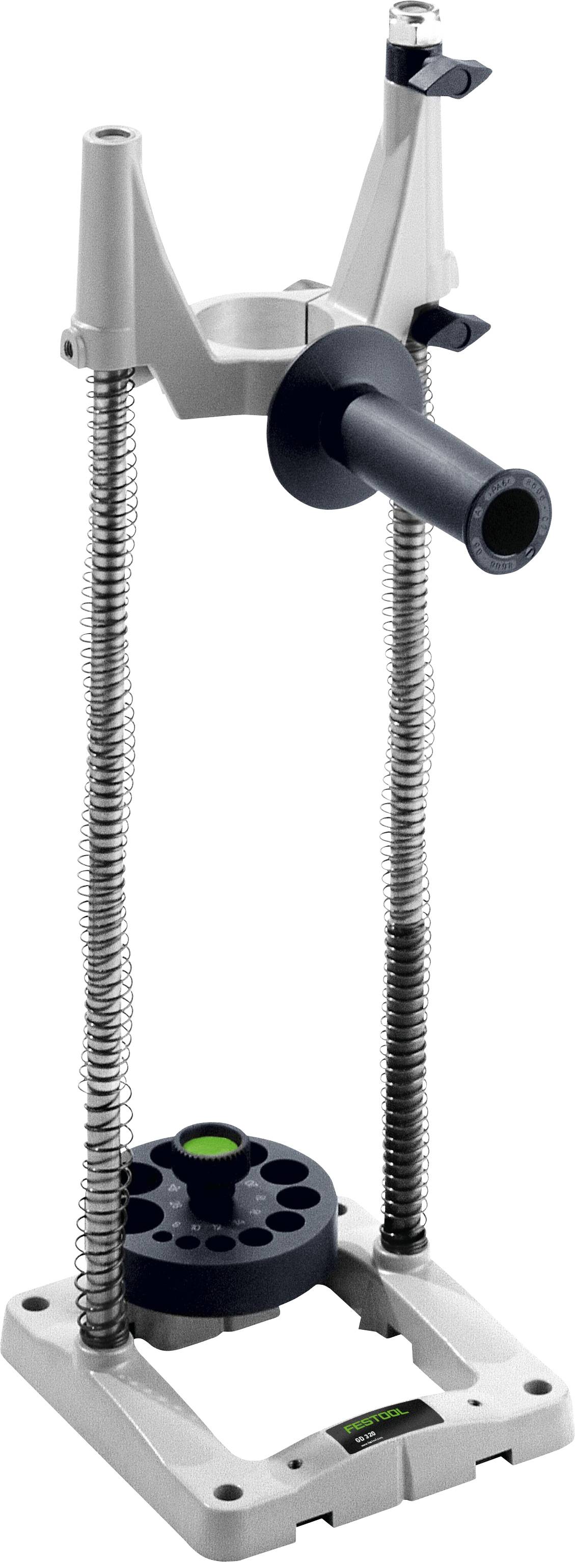 Ein Bohr­führer aus Silber und Schwarz mit verstellbaren Armen und einer Basis, der für präzises Bohren verwendet wird.