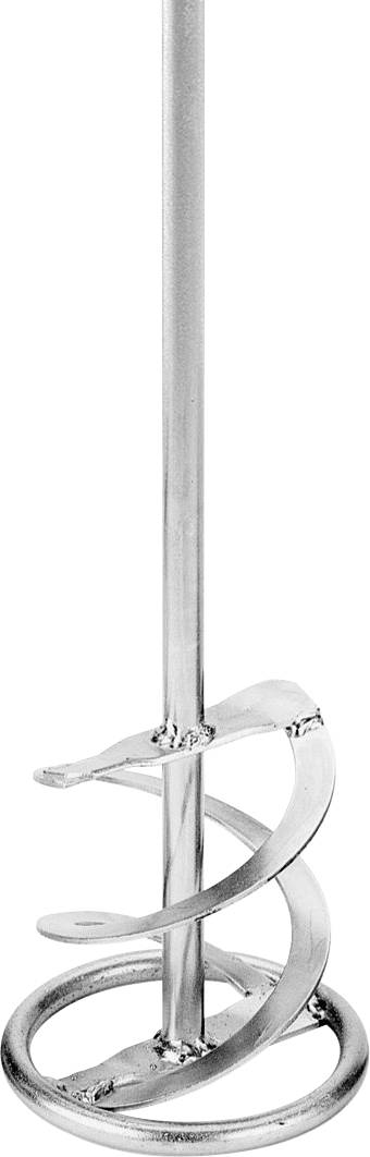 Ein silberner Farbmischer mit einer Spiralklinge auf einer Metallstange, der zum Rühren und gleichmäßigen Mischen von Flüssigkeiten verwendet wird.