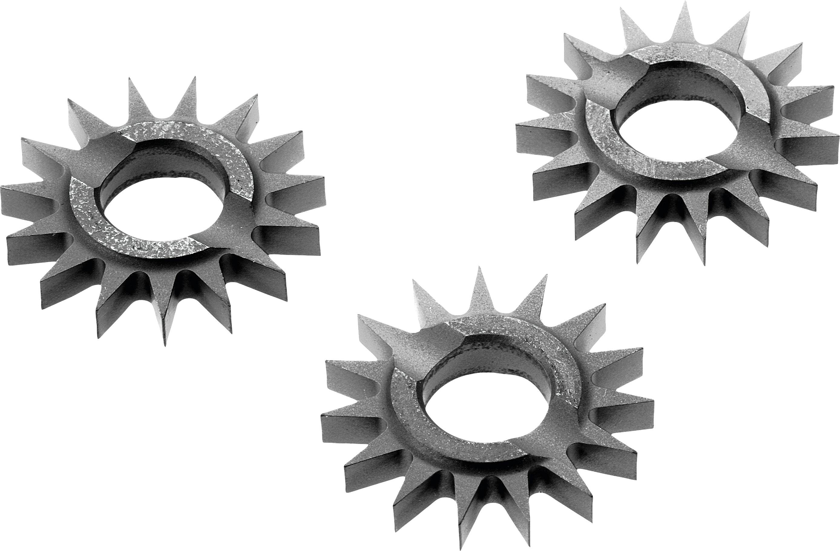 Drei Metallzahnräder mit Sägeblattzähnen sind in einer offenen dreieckigen Formation auf weißem Hintergrund angeordnet.