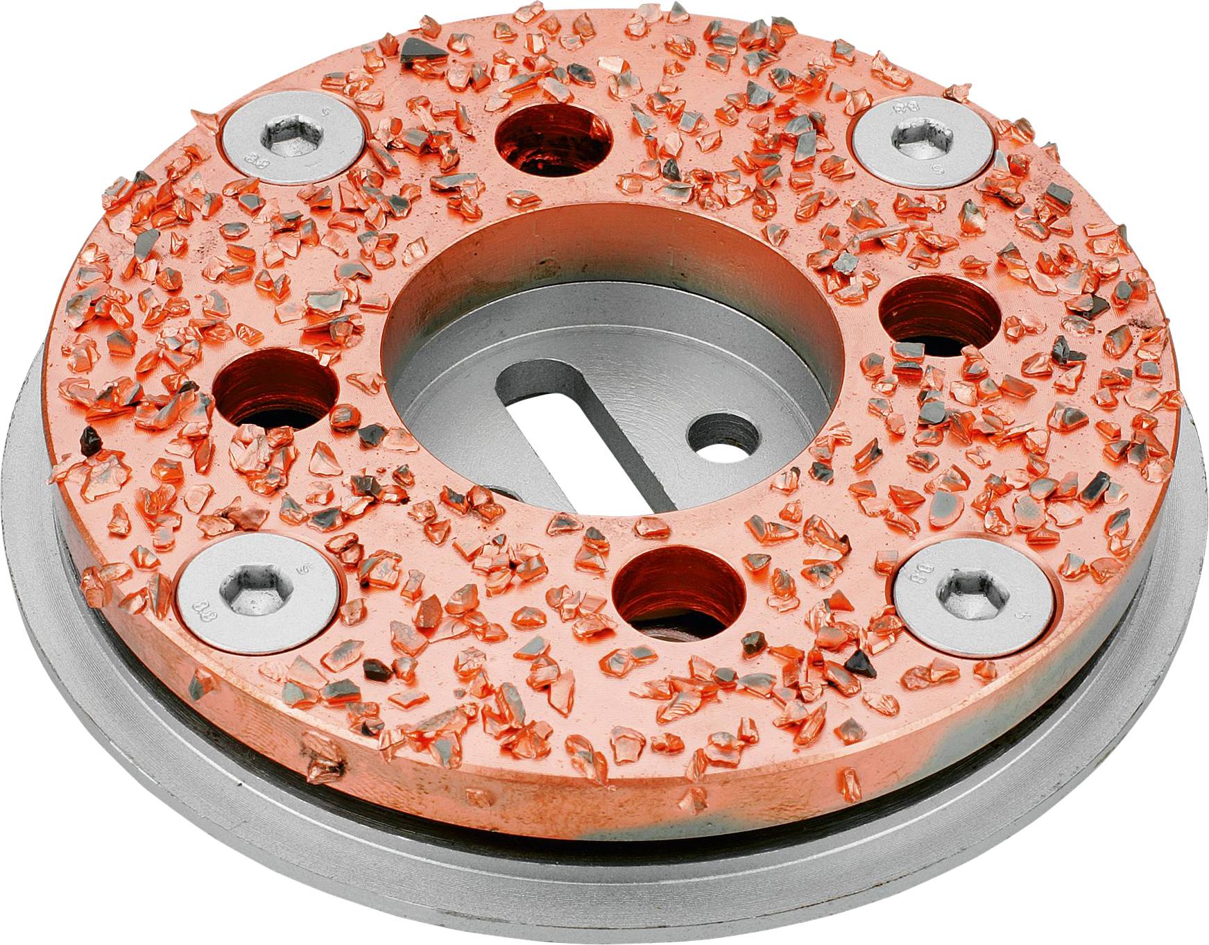 Rundes Metallwerkzeugteil, orange mit eingebetteter Körnung für Bodenhaftung, mit mehreren Löchern zur Befestigung und einem zentralen Schlitz zum Einfügen.