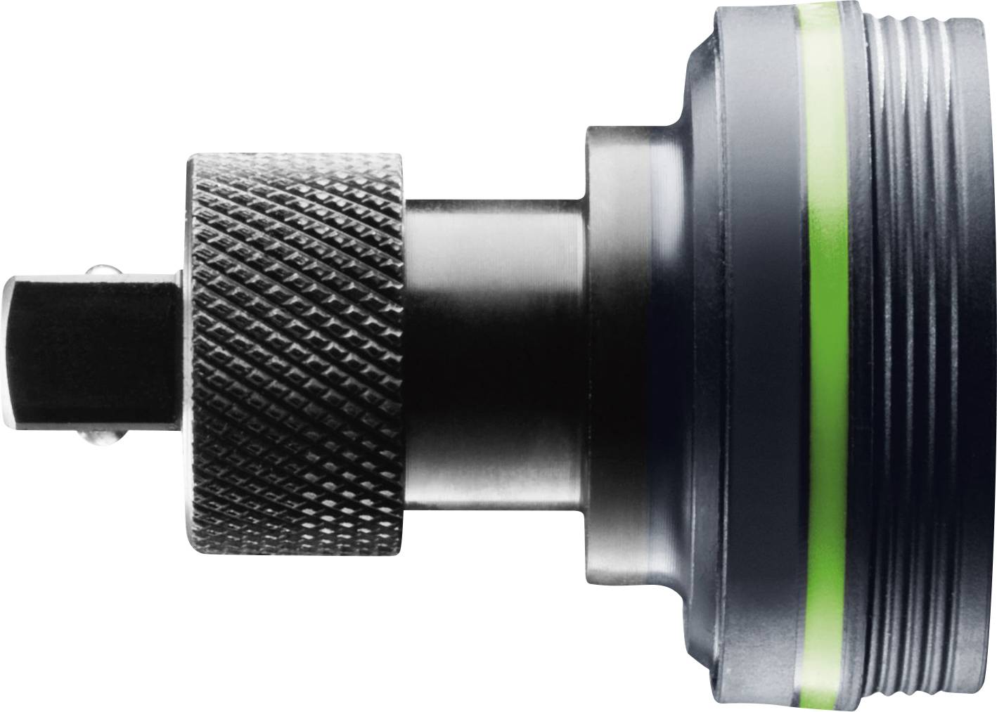 Eine Nahaufnahme eines metallischen Werkzeugs oder einer Befestigung mit strukturiertem Griff und einem glattem zylindrischen Teil, das oben einen grünen Streifen aufweist.