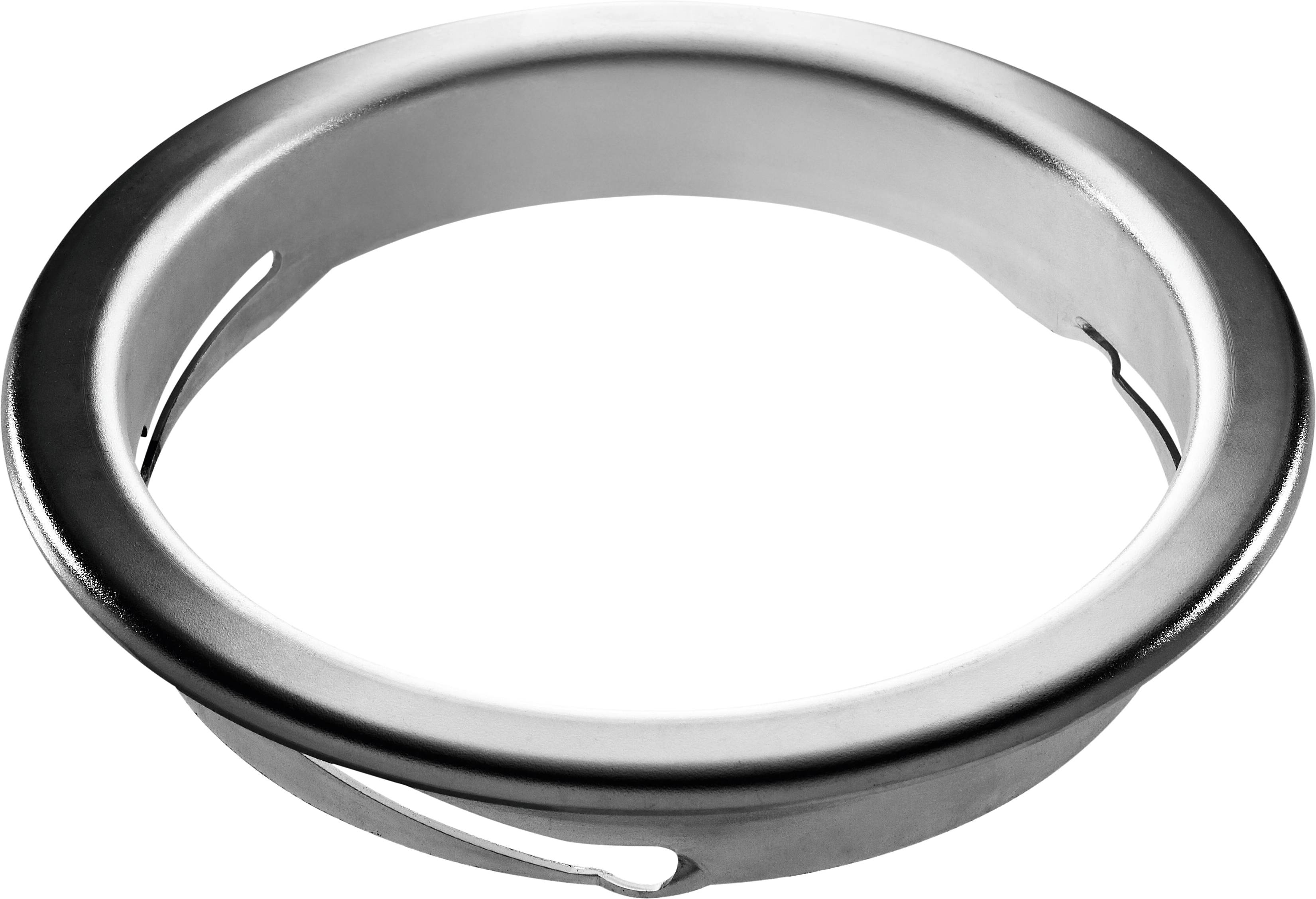 Ein kreisförmiger Metallring mit Öffnungen an den Seiten, möglicherweise ein Befestigungselement oder Teil einer mechanischen Baugruppe.