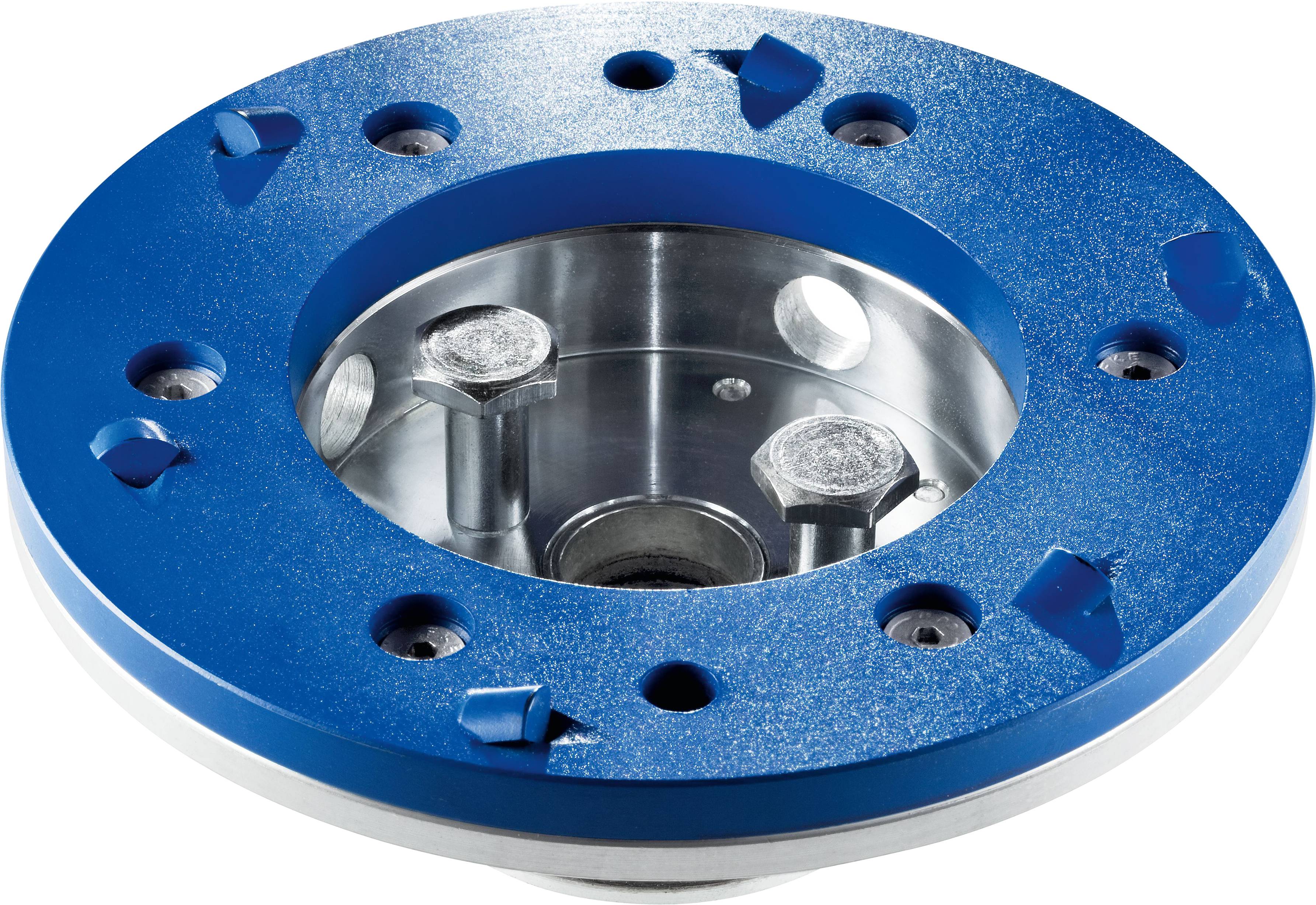 Eine blaue Metallkreiskomponente mit mehreren kleinen Löchern und Bolzen, wahrscheinlich Teil einer mechanischen oder technischen Baugruppe, vor weißem Hintergrund.