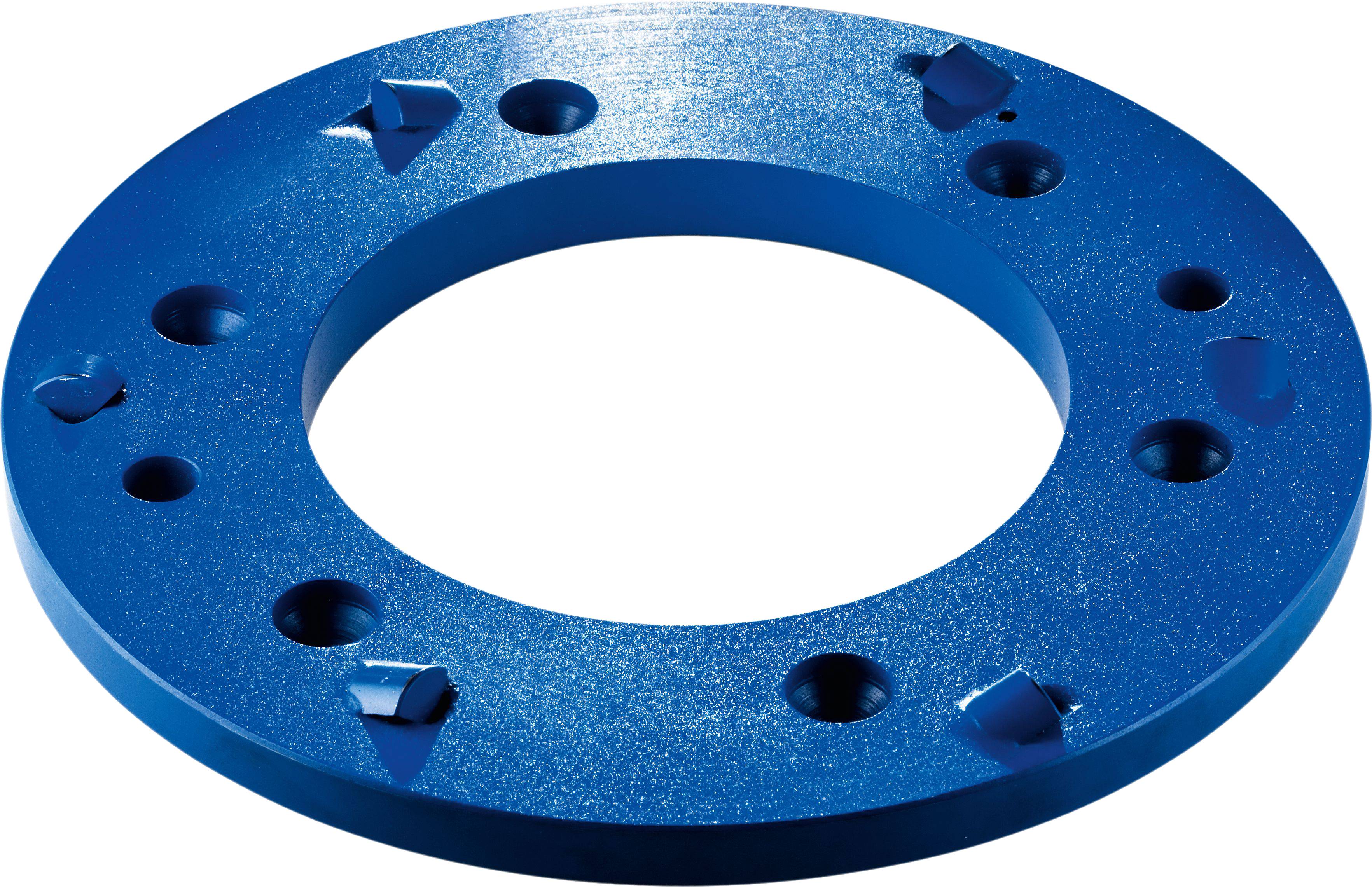 Eine blaue Metallscheibe mit gleichmäßig verteilten Ausschnitten, erkennbarer Textur und glänzender Oberfläche.