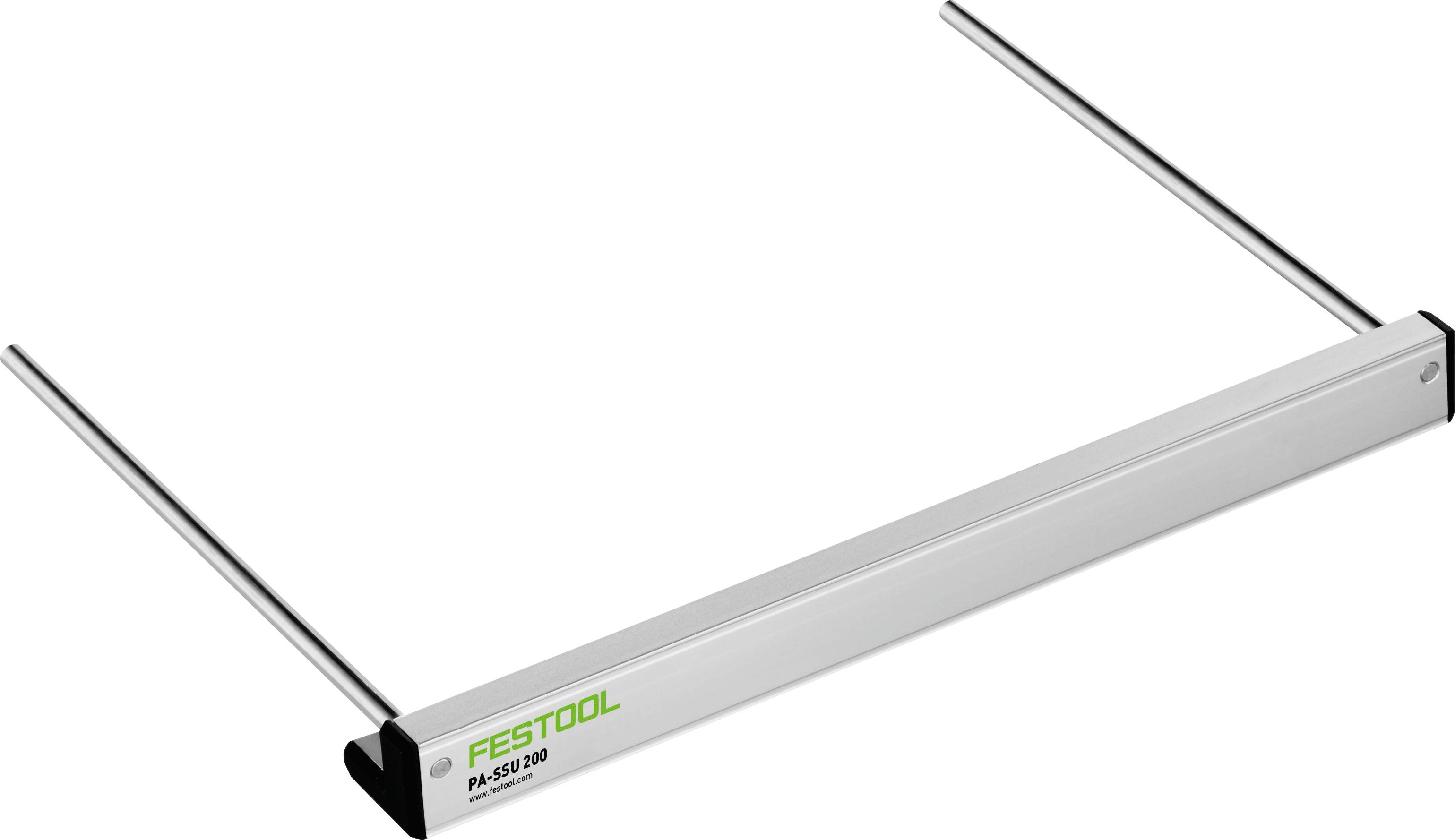 Ein silberner Festool PA-PS/PSB 300 Parallelanschlag mit zwei langen Stangen, entwickelt für präzise Parallelschnitte in Holzbearbeitungsanwendungen.