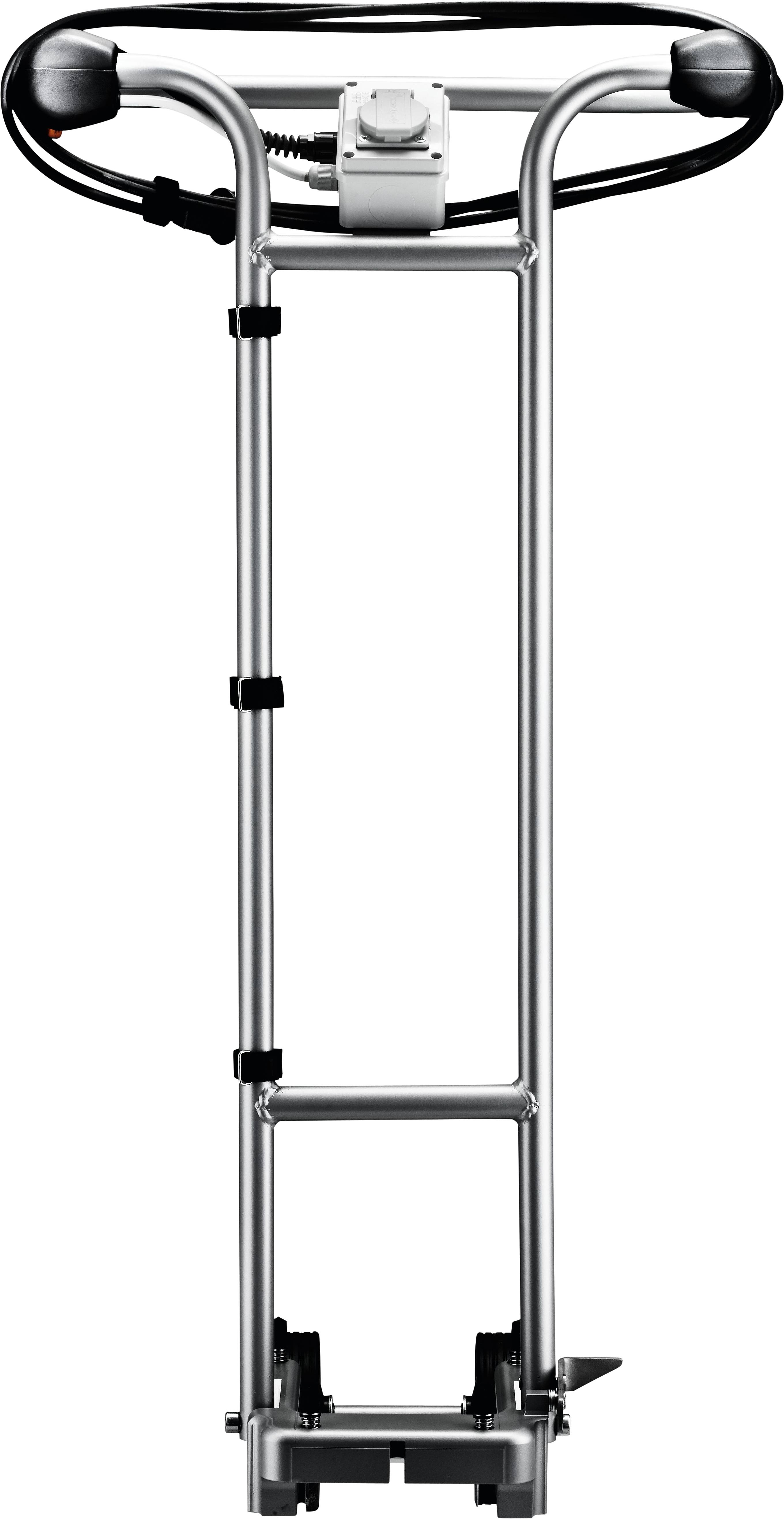 Ein Metalllenker mit angebrachten Kabeln und einer Steuerkiste, wahrscheinlich Teil einer Maschine oder eines Geräts, von oben betrachtet.