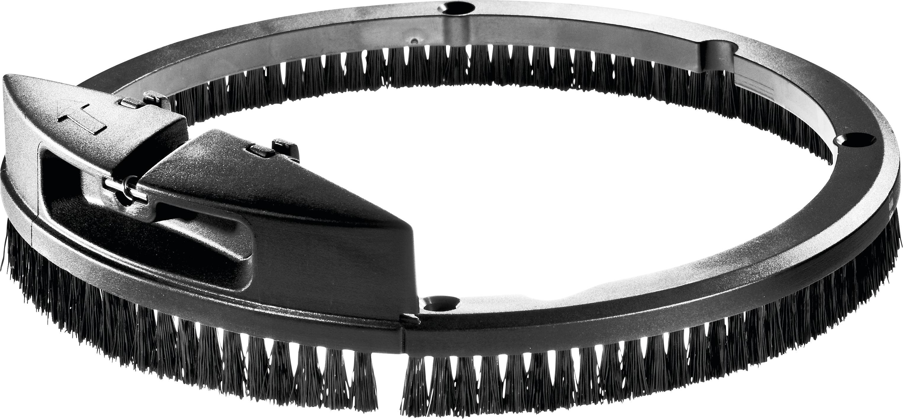 Eine kreisförmige schwarze Bürstenaufsatz mit Borsten an der Außenkante, ausgestattet mit einem Scharniermaschsnismus zur Befestigung an einem größeren Gerät.
