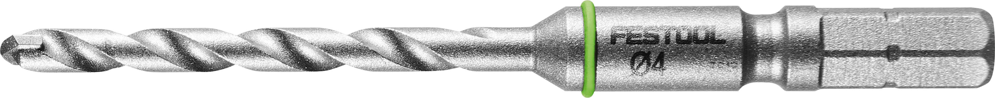 Ein Metallbohrer mit spiralförmigem Schaft und sechskantigem Fuß, gekennzeichnet mit „FESTOOL D4
