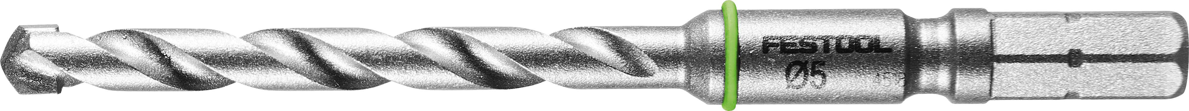 Ein silberner Festool-Bohrer mit spiralförmigem Design und einer grünen Markierung nahe der Basis.