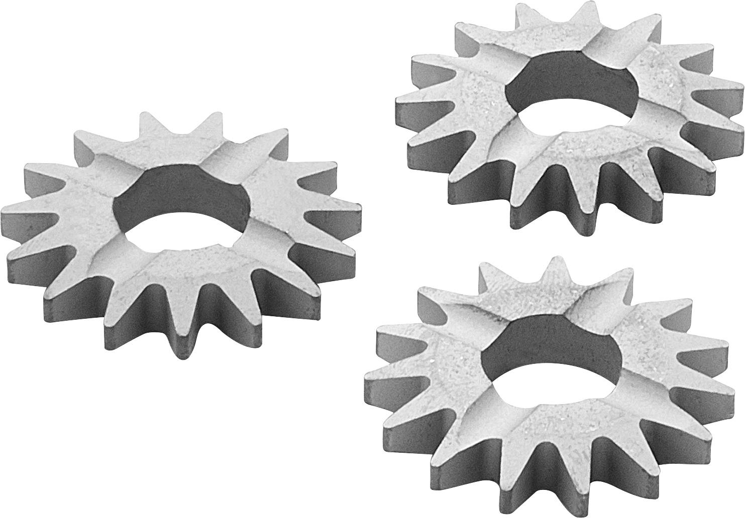 Drei ineinandergreifende Metallzahnräder mit gezackten Kanten, in einem dreieckigen Muster angeordnet, was auf mechanische oder technische Konzepte hindeutet.