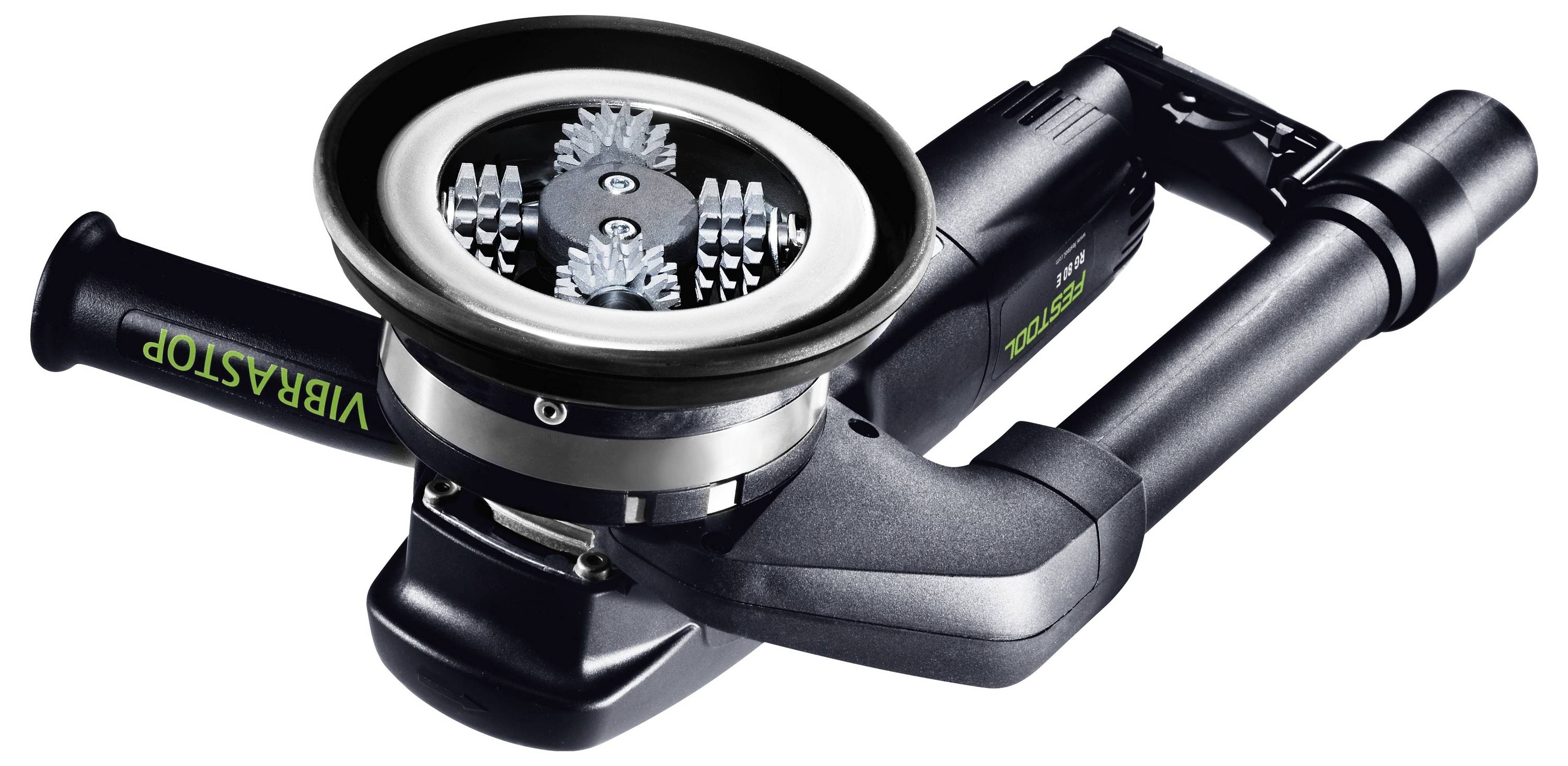 Ein tragbares Elektrowerkzeug mit rotierendem Bürstenkopf und Doppelgriffen, gekennzeichnet als 