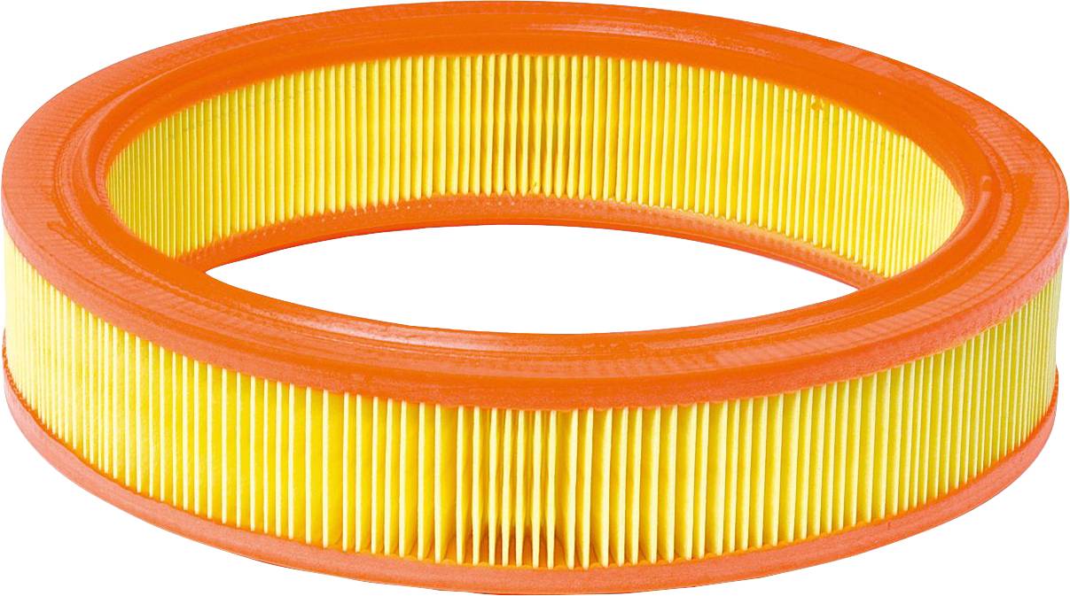 Rundes orangefarbenes Luftfilter mit gelben Falten, verwendet zur Filtration in Motoren oder Geräten.