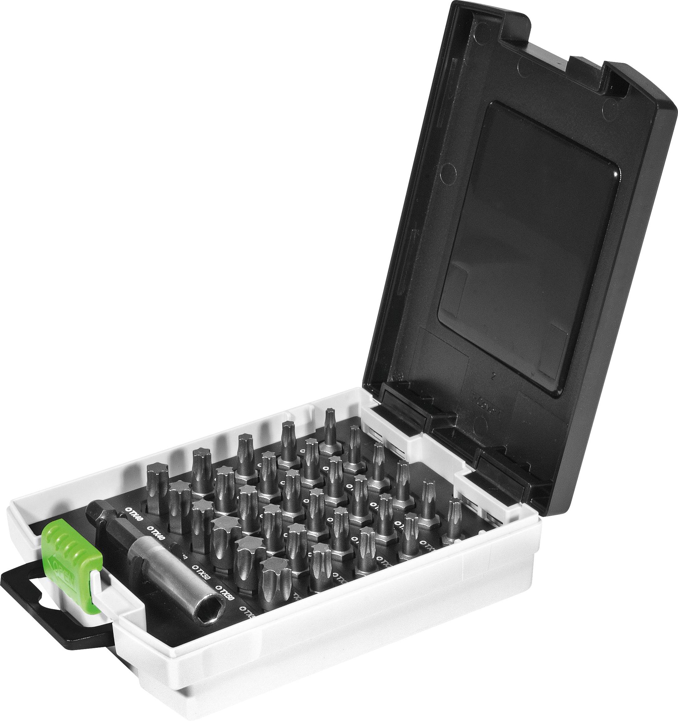 Eine Werkzeugkiste mit verschiedenen Schraubenbits und einer Nuss, in einem weißen Gehäuse mit schwarzem Deckel untergebracht, offen, um den Inhalt zu zeigen.